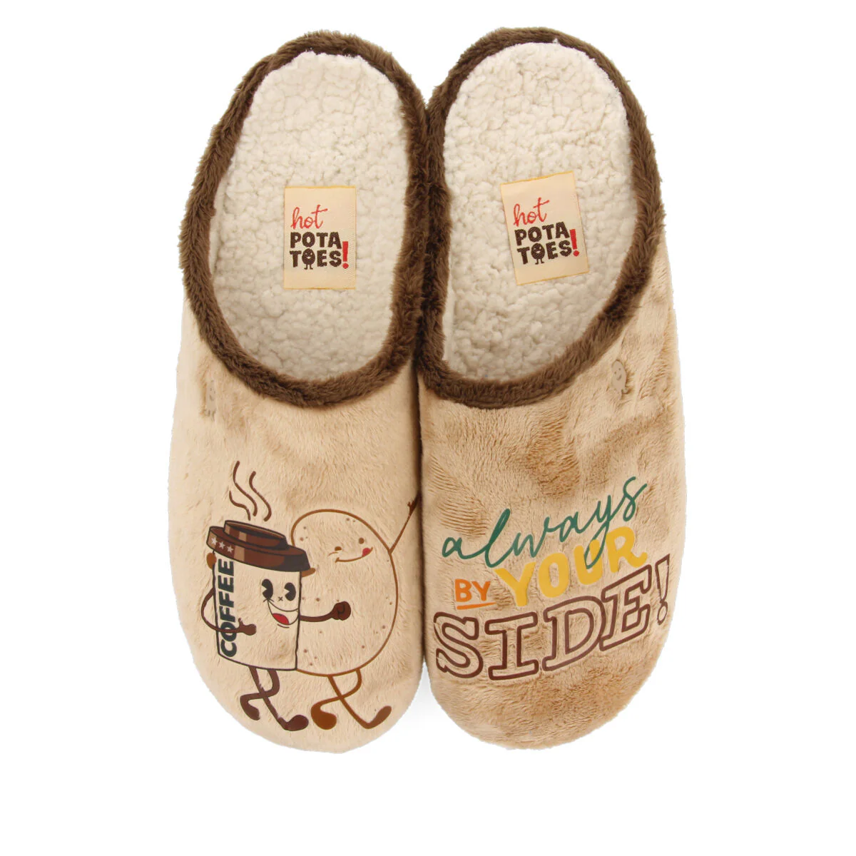 BEIGE FUR SLIPPERS WITH PATATILLA PRINT AND MESSAGE GOLSPIE
