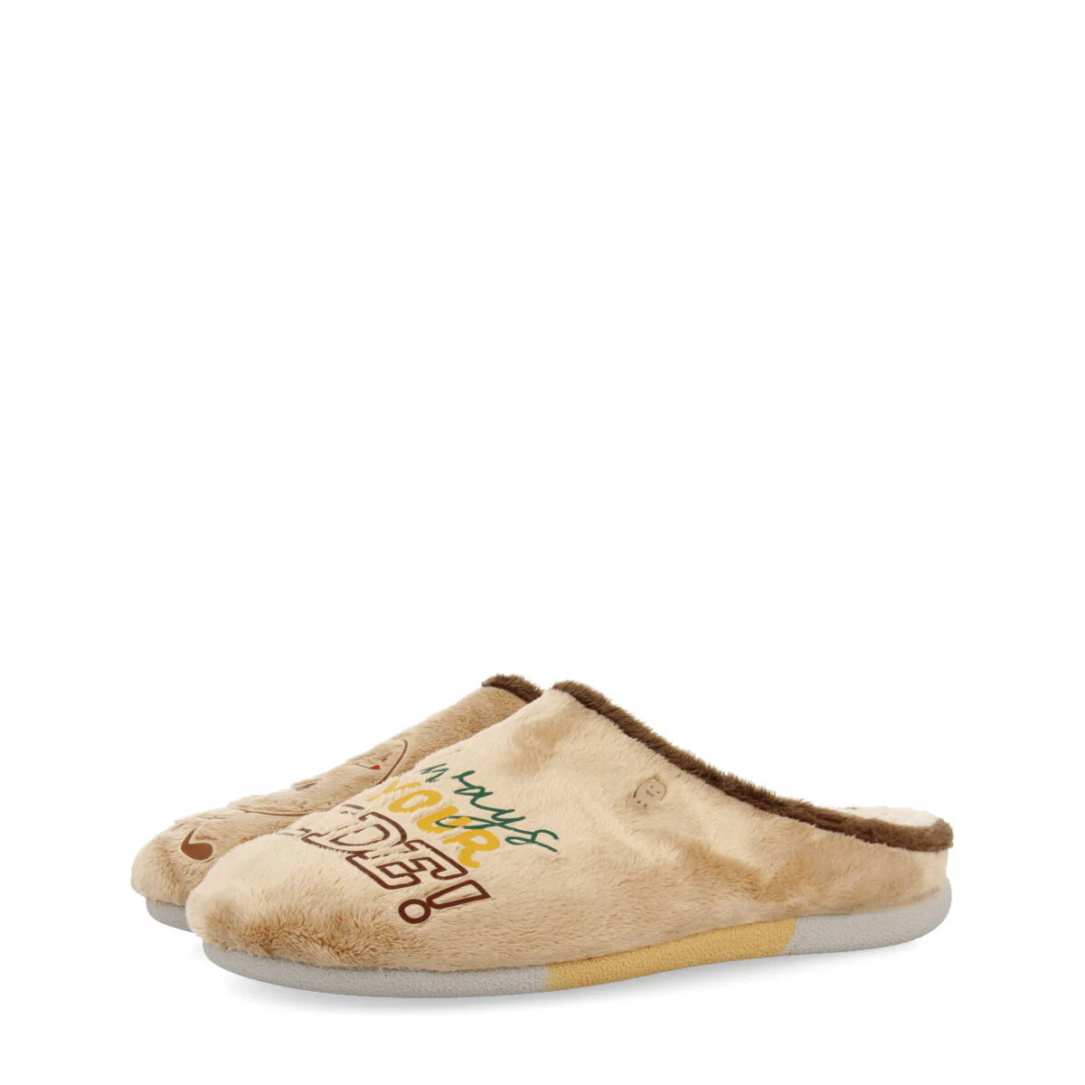 BEIGE FUR SLIPPERS WITH PATATILLA PRINT AND MESSAGE GOLSPIE - Image 3