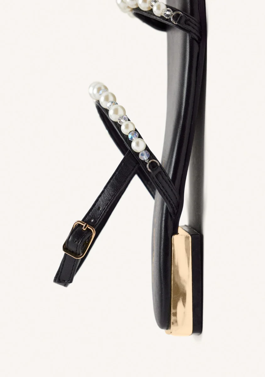 WOMEN'S BLACK LEATHER SANDALS WITH PEARLS ZERQAN - Image 4