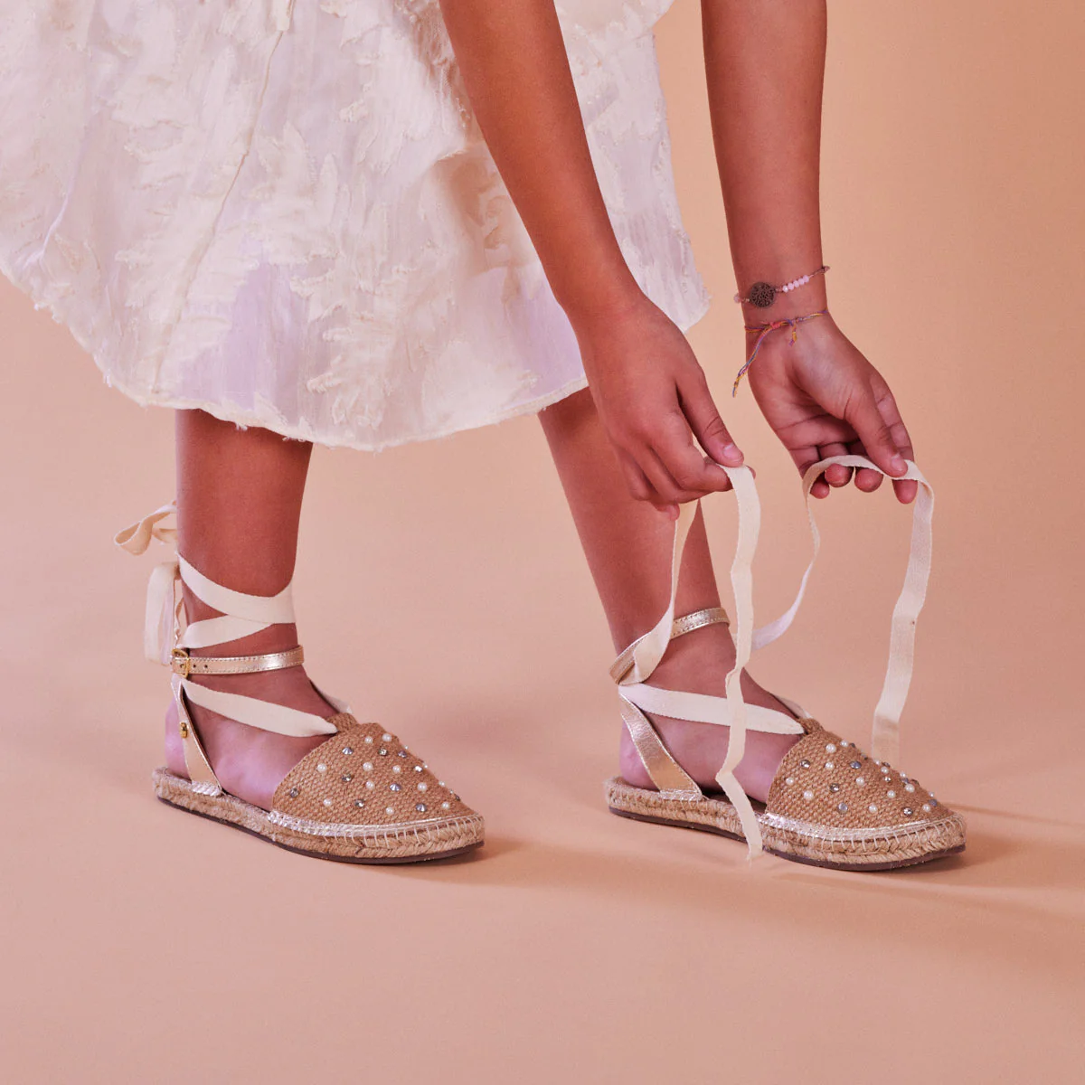 Aisey girls rose gold espadrilles with jute,earls and studs - Image 2