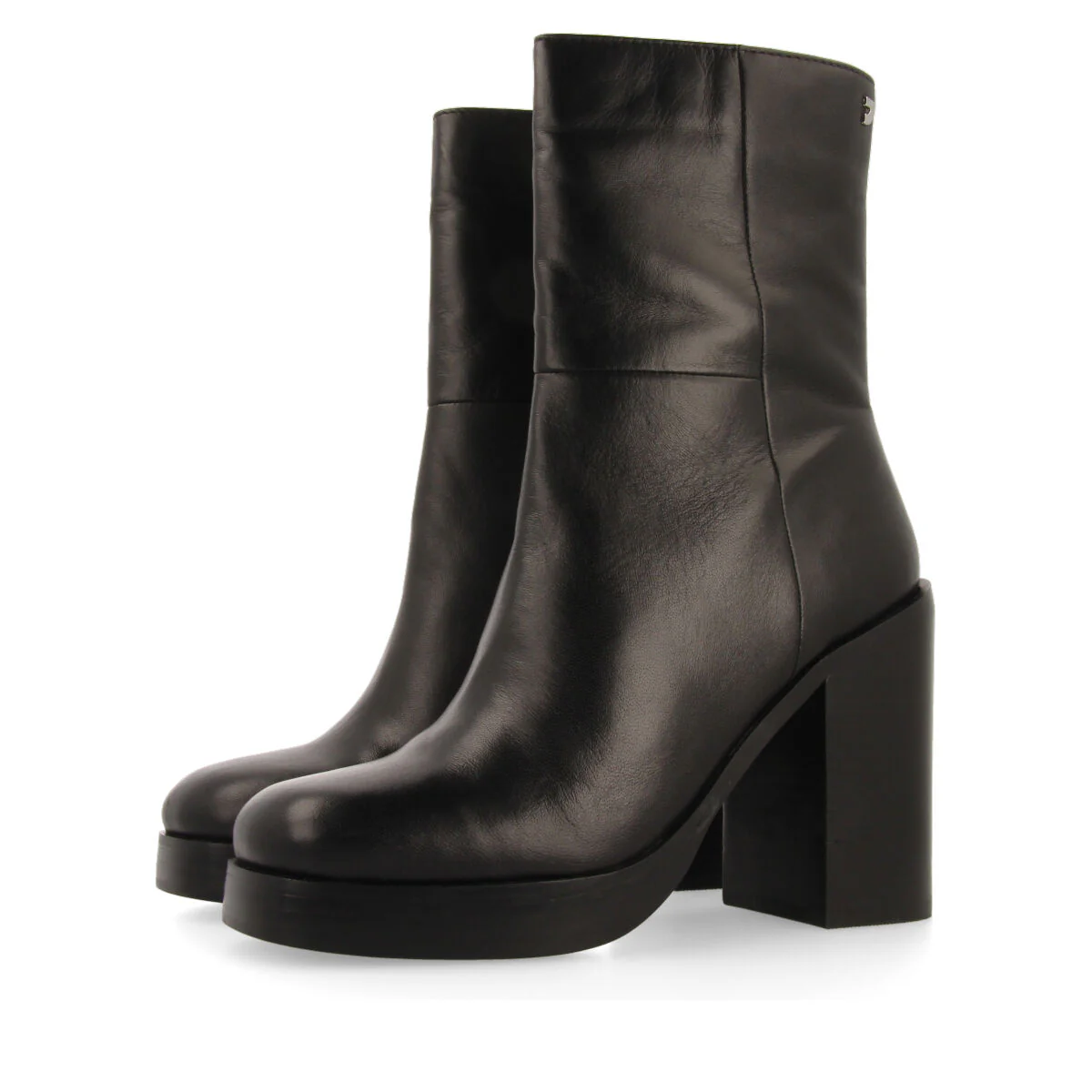 Andoya women's black leather mid-height boots with wide heels and platforms - Image 3