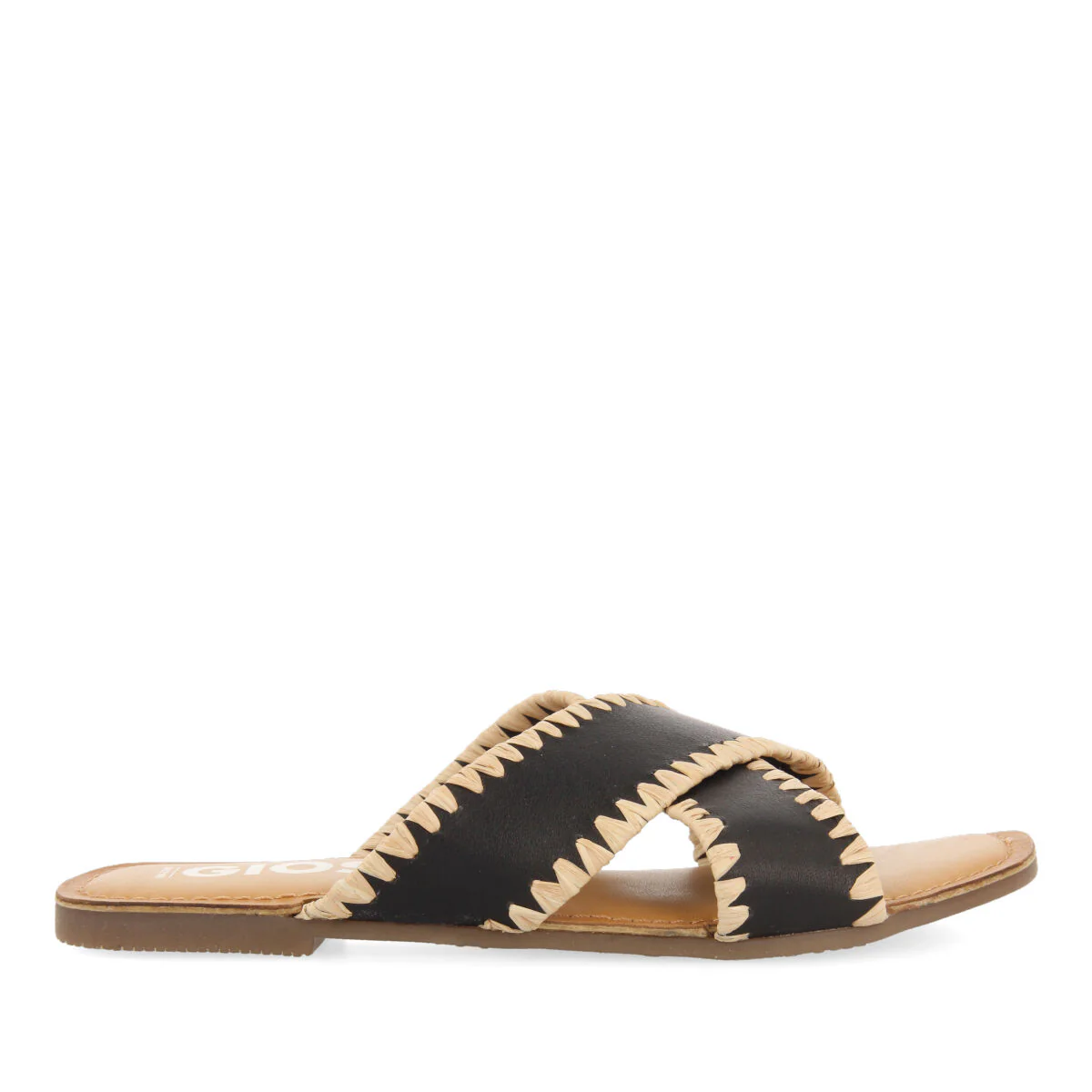 Assu women's black leather sandals with raffia stitching