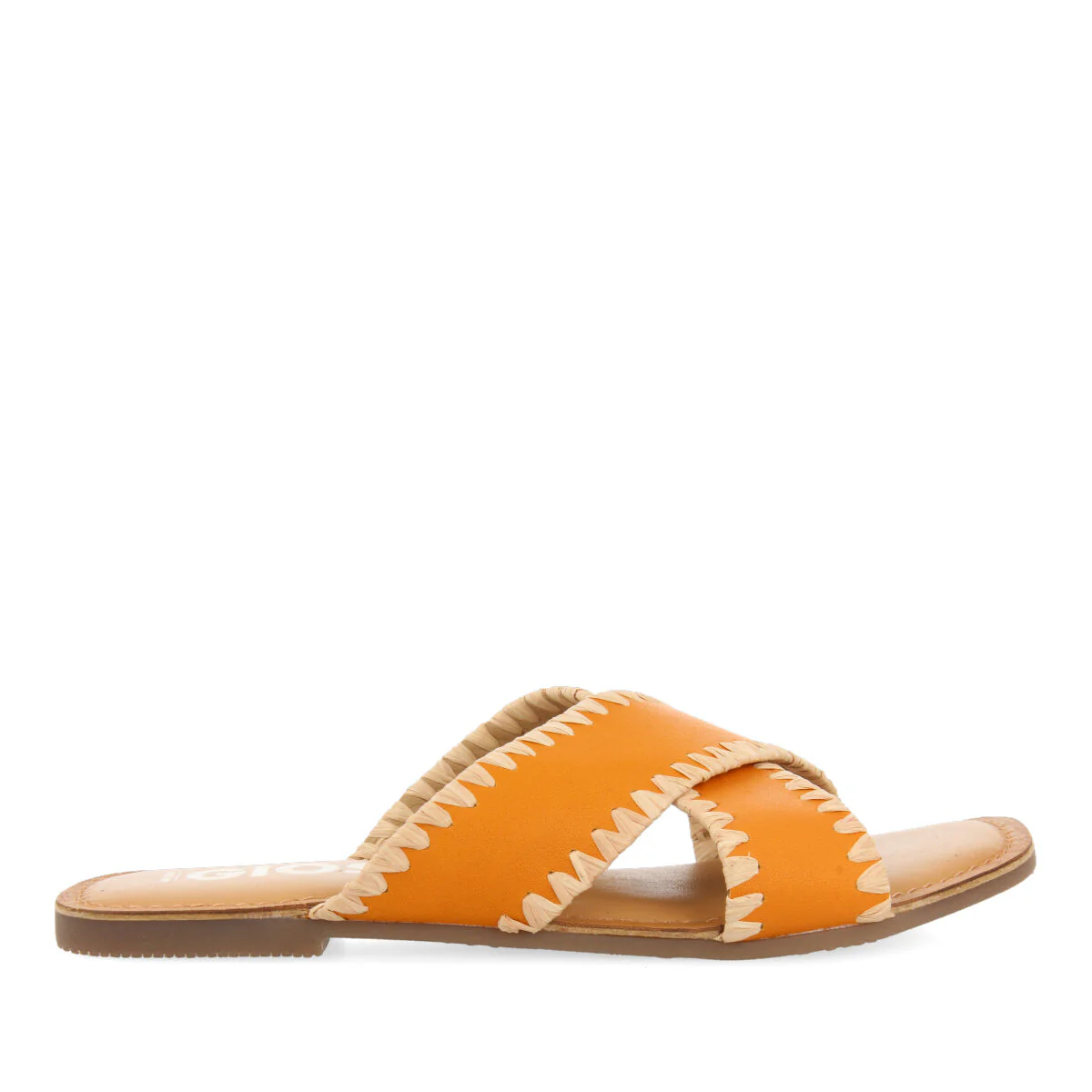 Assu women's orange leather sandals with raffia stitching