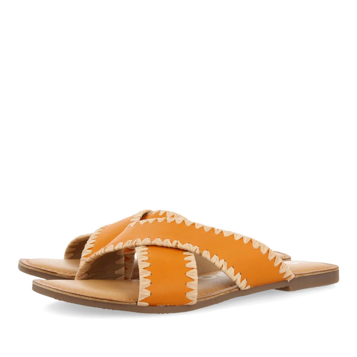 Assu women's orange leather sandals with raffia stitching - Image 2