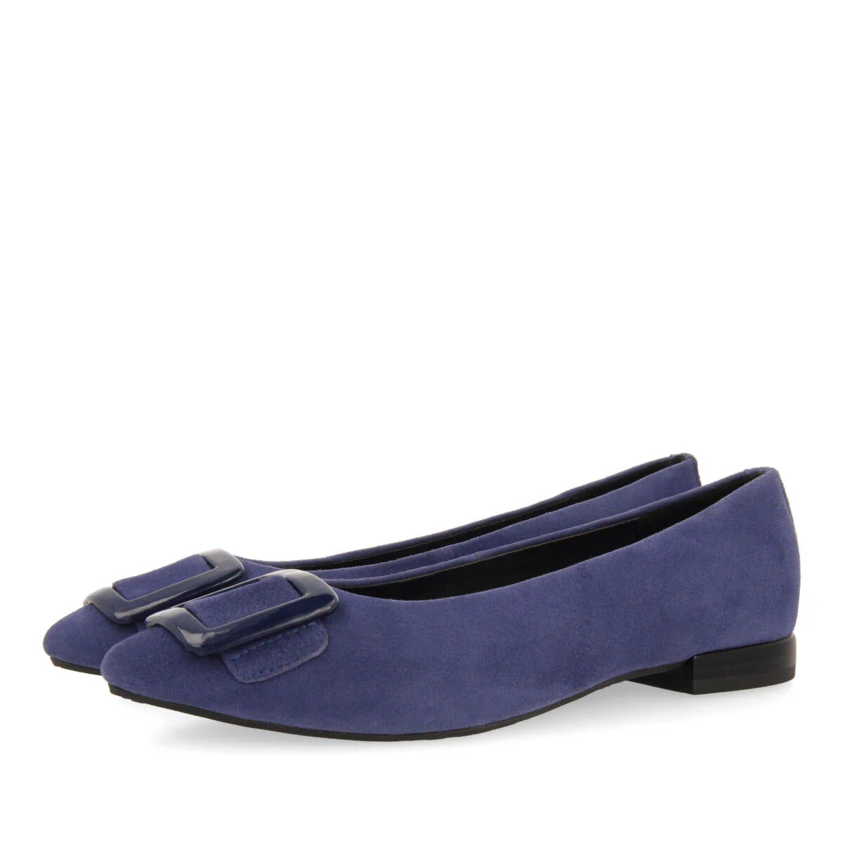 Ballstad women's navy blue leather ballet flats with a patent buckle - Image 2