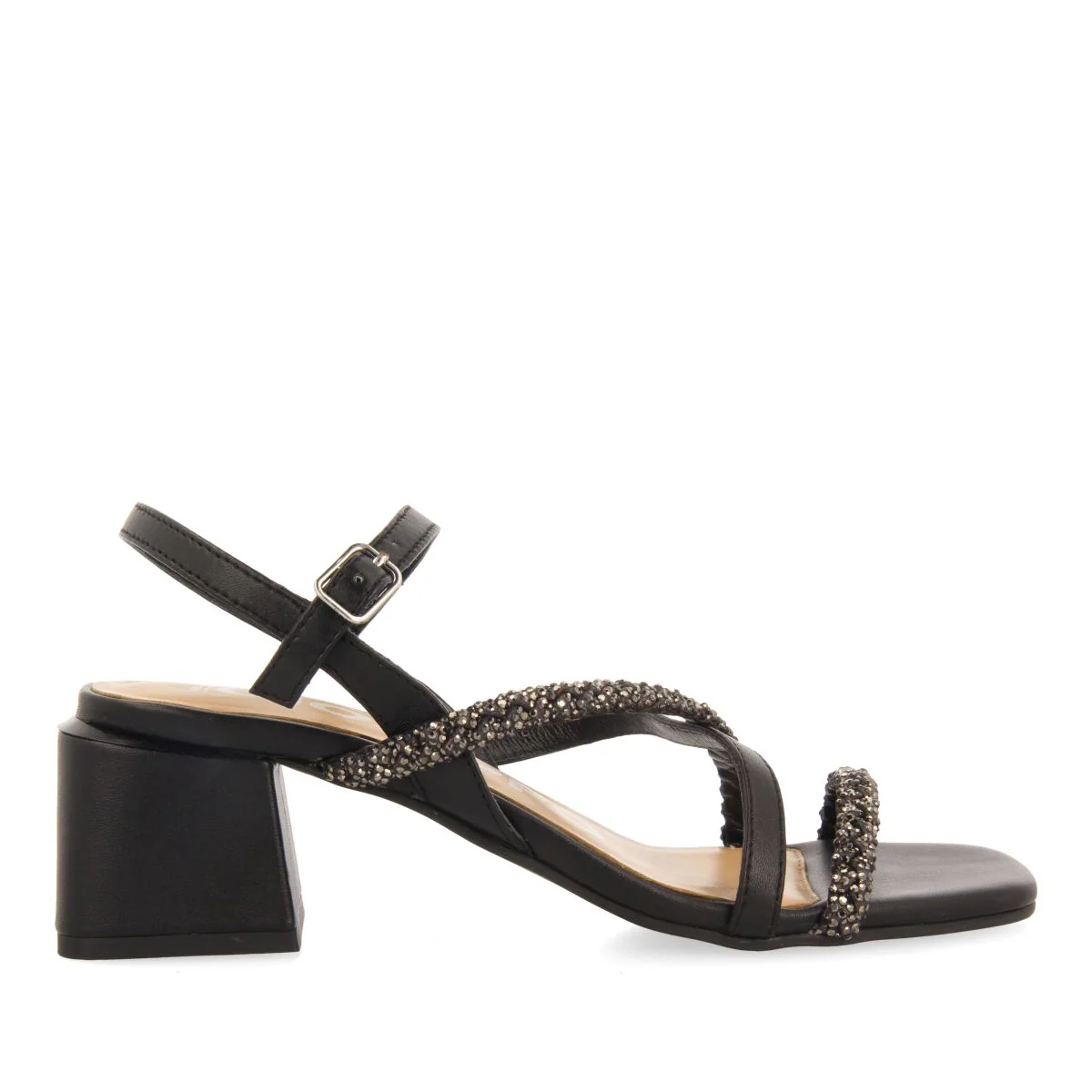 BLACK HEEL SANDALS WITH STRAPS AND RHINESTONE DETAILS FOR WOMEN NISCEMI