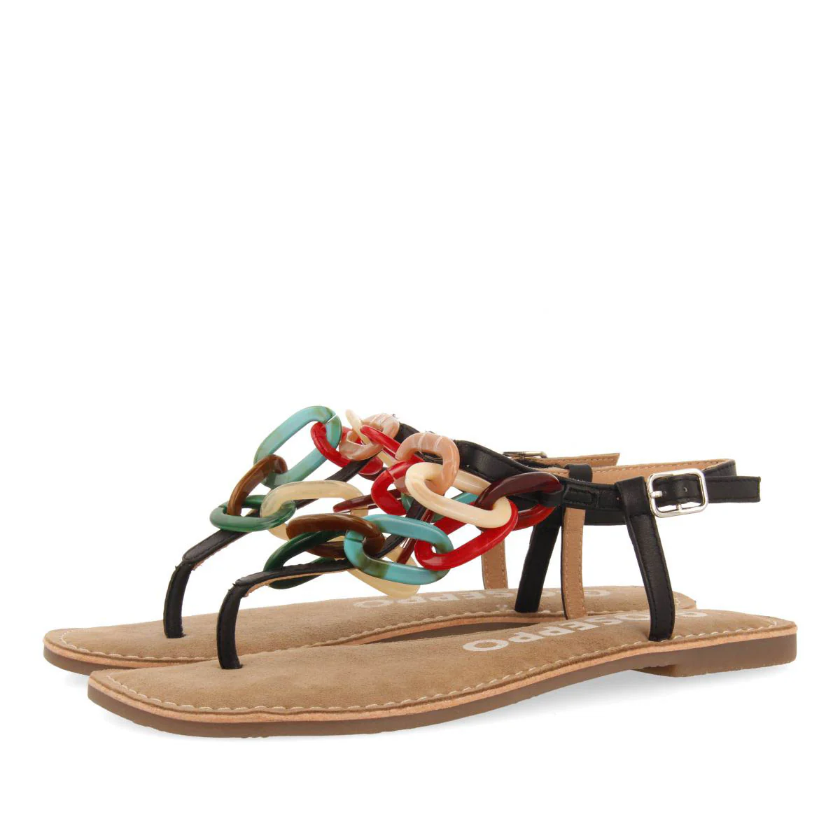 BLACK LEATHER SANDALS WITH MULTICOLOR LINK DETAIL FOR WOMEN MEDLEY - Image 2