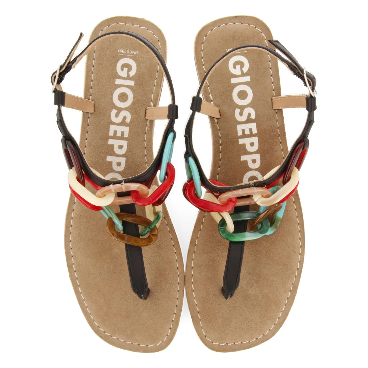 BLACK LEATHER SANDALS WITH MULTICOLOR LINK DETAIL FOR WOMEN MEDLEY - Image 4