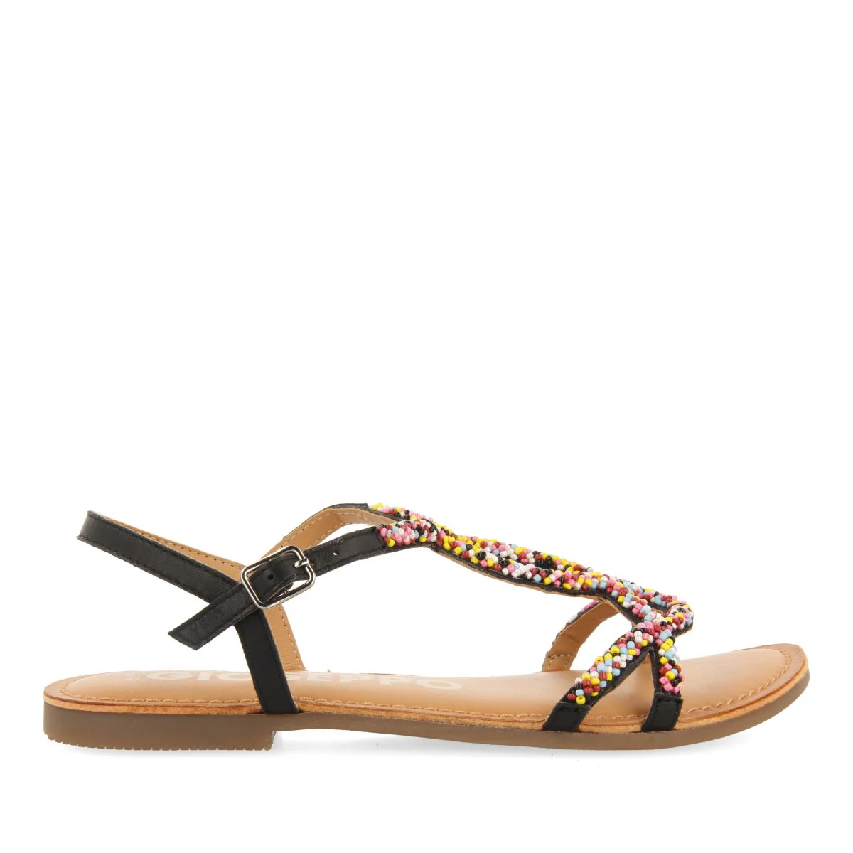 BLACK LEATHER SANDALS WITH MULTICOLOR STONES FOR WOMEN LURE