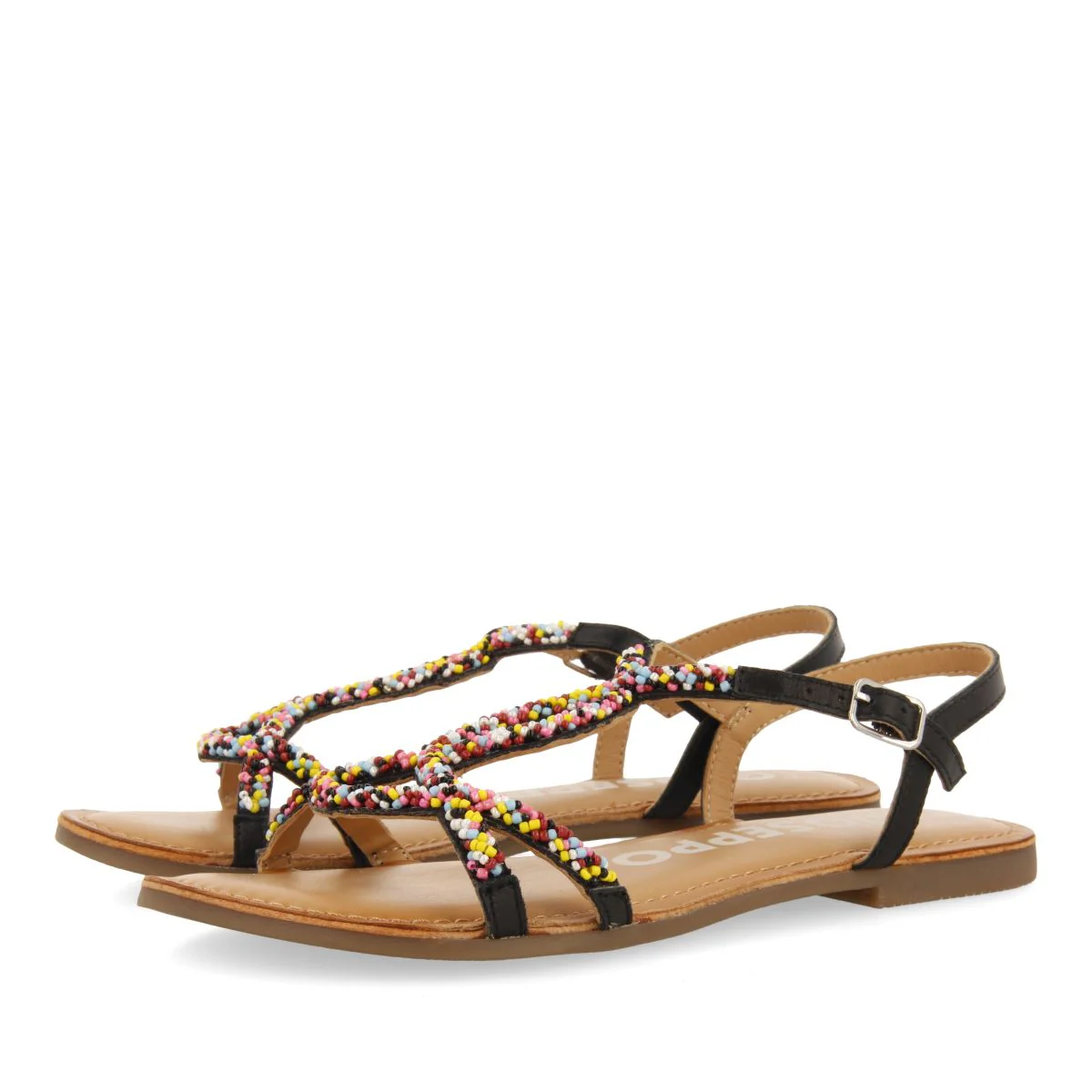 BLACK LEATHER SANDALS WITH MULTICOLOR STONES FOR WOMEN LURE - Image 2