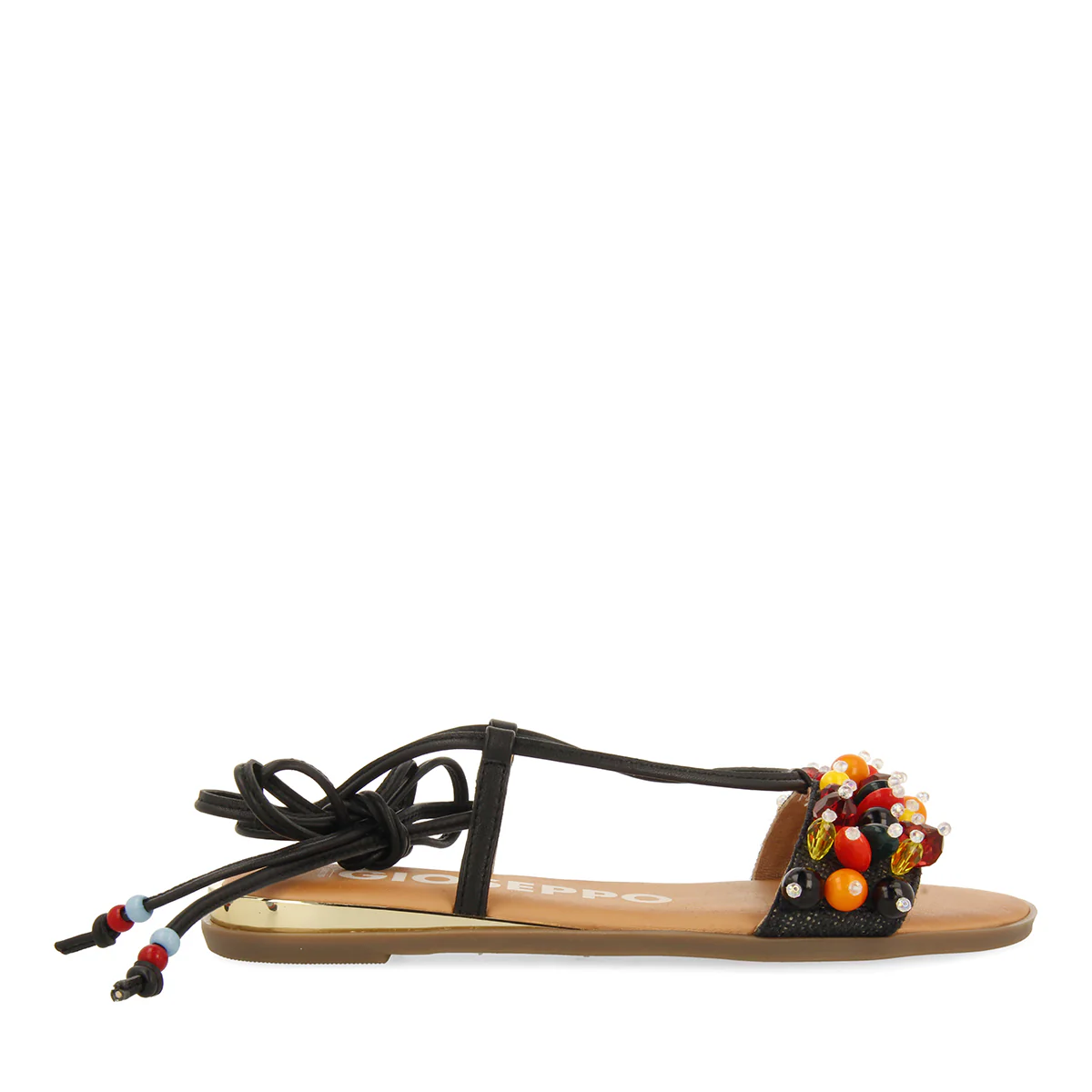 BLACK LEATHER SANDALS WITH MULTICOLOURED TRIM AND STRAPS FOR WOMEN KLOS