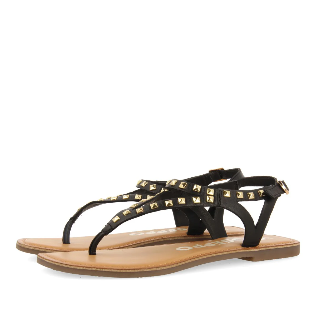 BLACK LEATHER SANDALS WITH STUDS FOR WOMEN TRILBY - Image 2