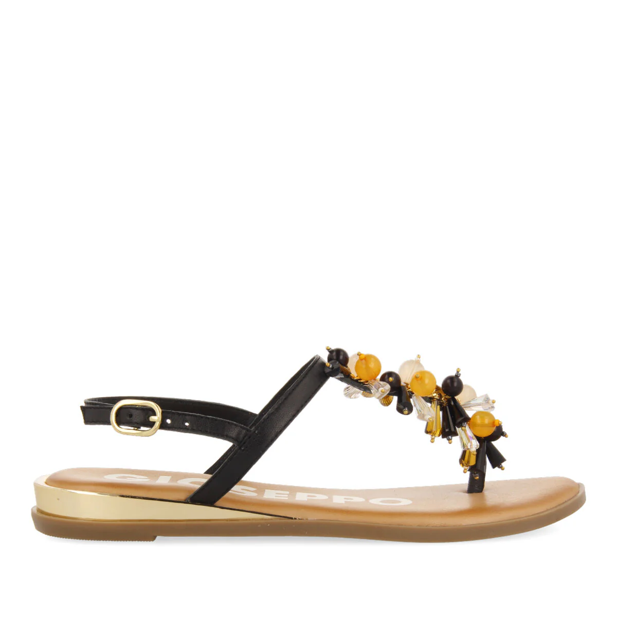 BLACK SANDALS WITH STRAPS AND MULTICOLORED BEADS FOR WOMAN KOMEN