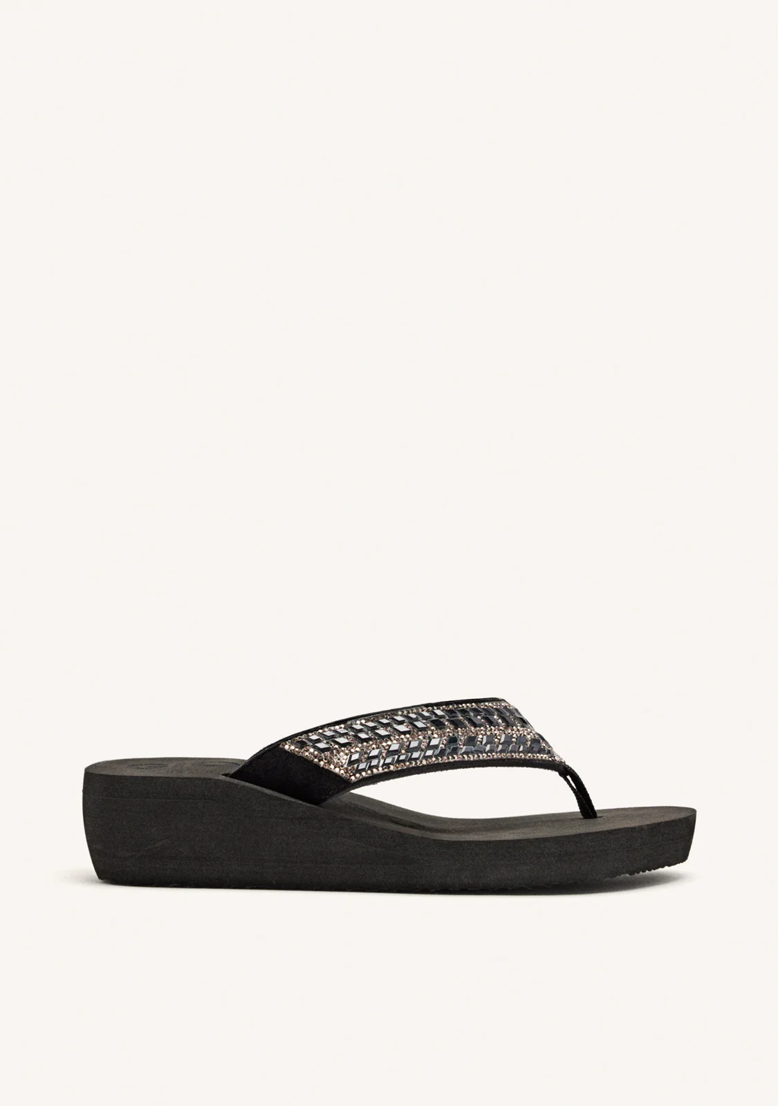 BLACK WEDGE SANDALS WITH CRYSTAL EMBELLISHMENT FOR WOMEN DEVICES