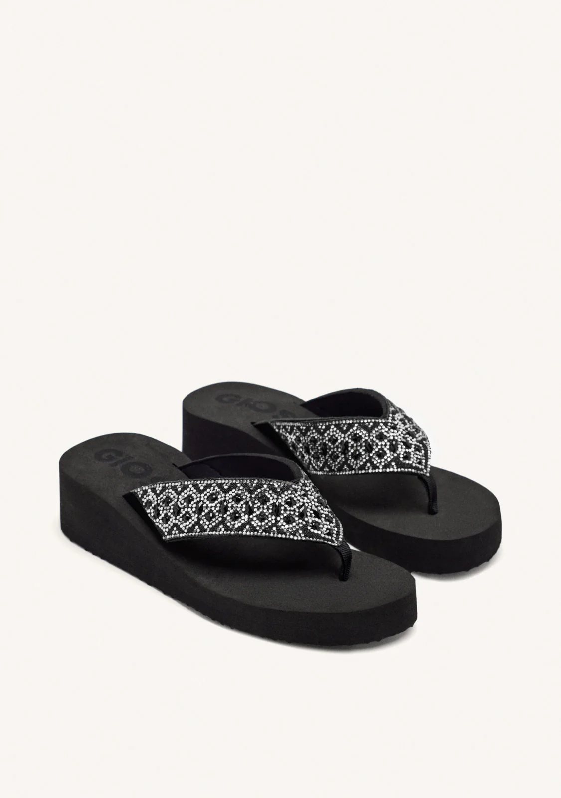 BLACK WEDGE SANDALS WITH CRYSTAL EMBELLISHMENT FOR WOMEN DRENOVE - Image 2