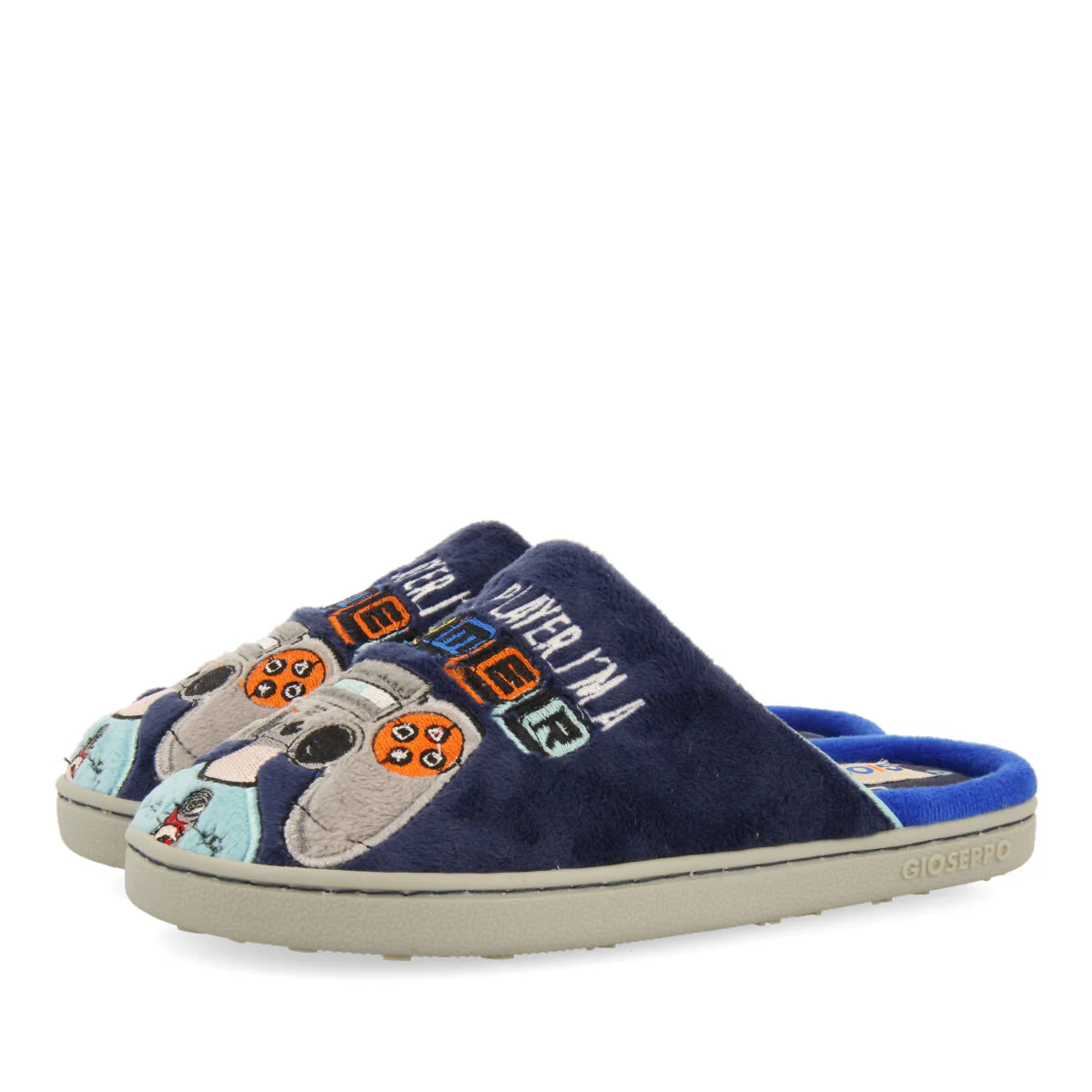 Bryne children's navy blue gamer-print backless slippers - Image 4
