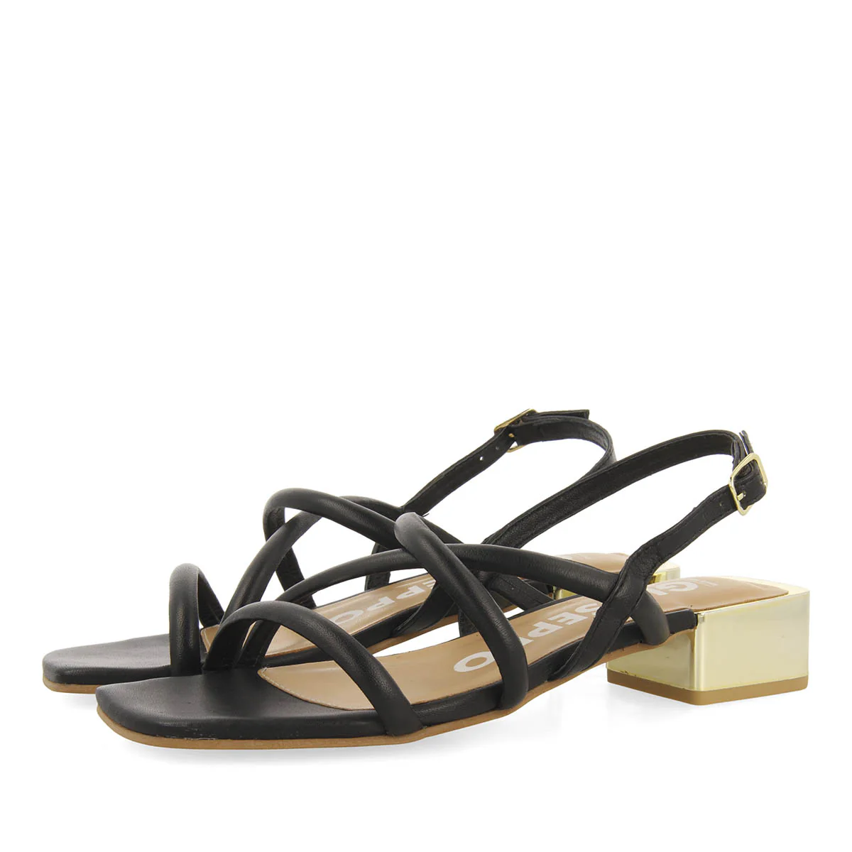Caloocan women's black leather sandals with metallic heels - Image 2