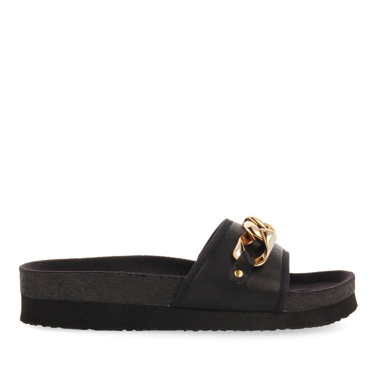 Carlinda black footbed slide sandals with decorative chain