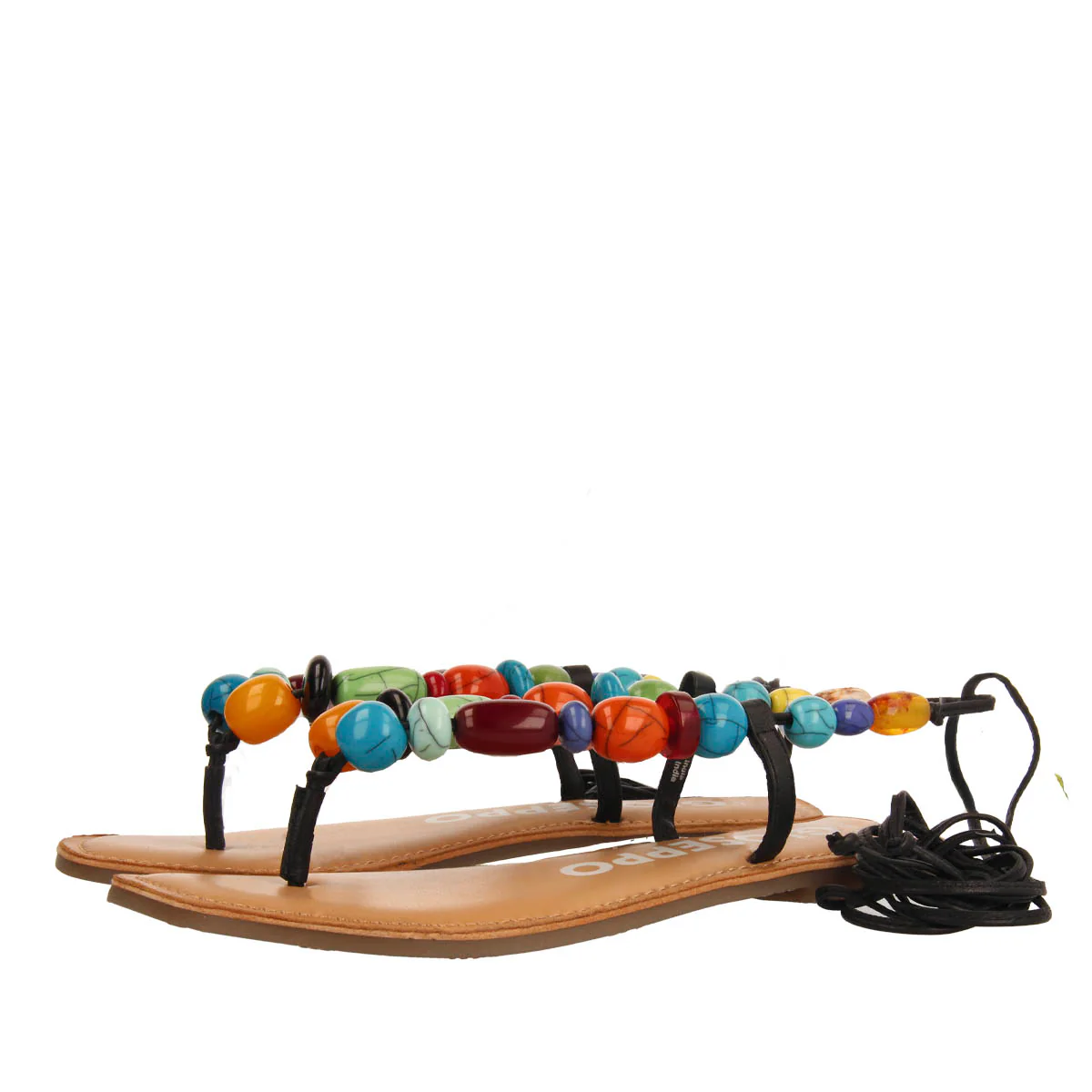 Challex women's black leather sandals with decorative multicoloured beads - Image 2