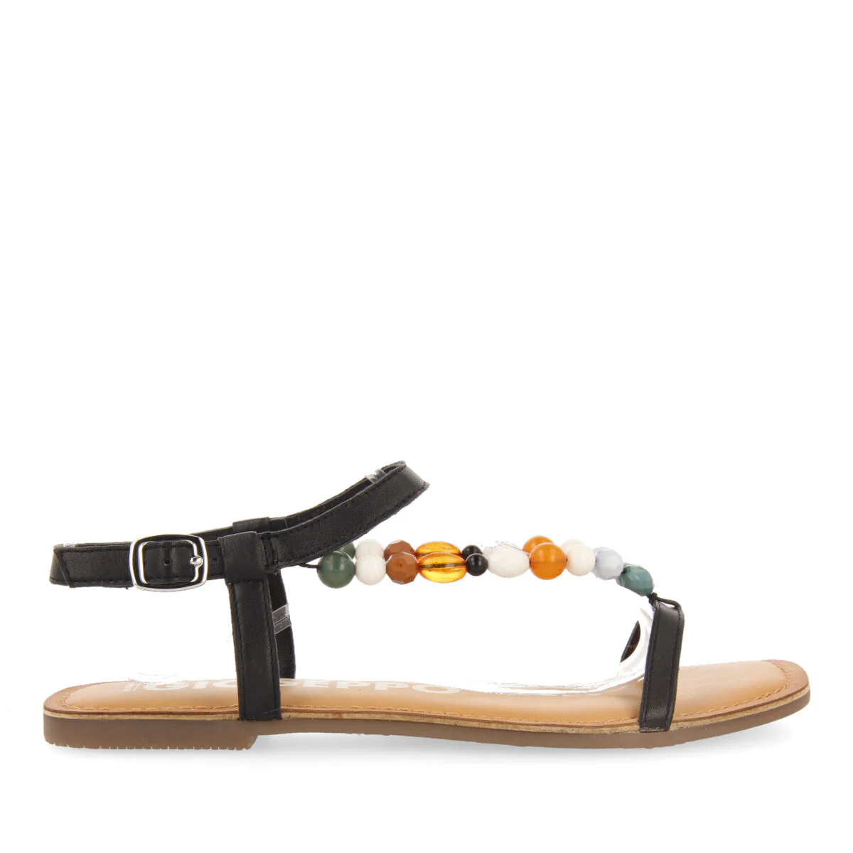 Coincy women's black leather sandals with decorative multicoloured beads