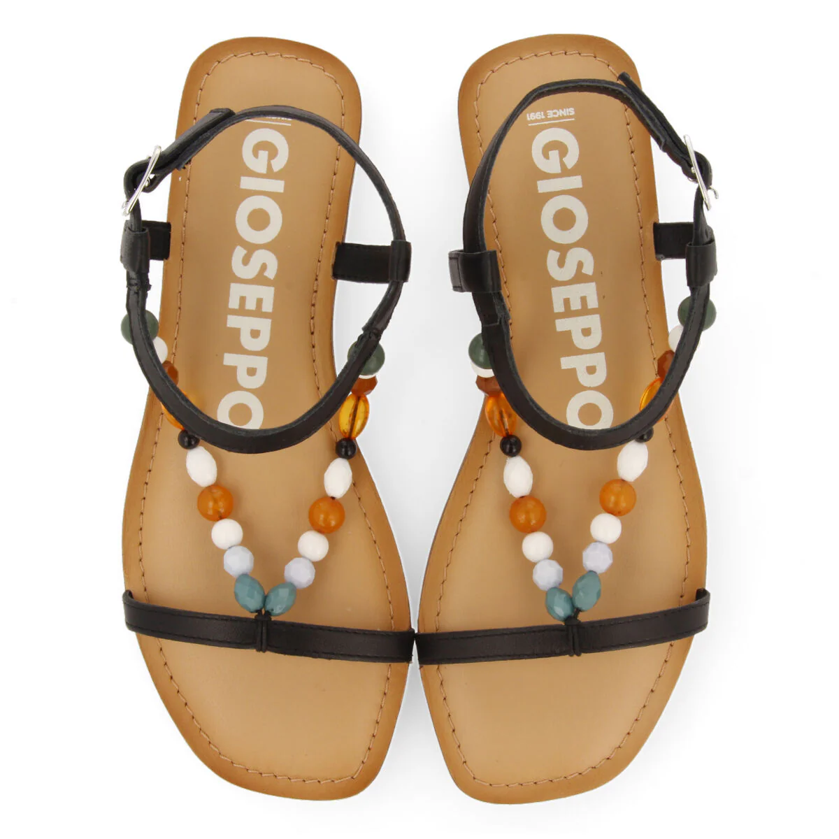 Coincy women's black leather sandals with decorative multicoloured beads - Image 3