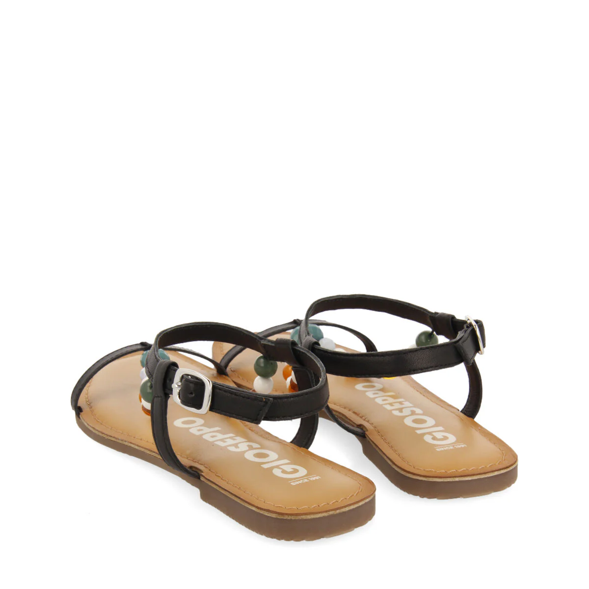 Coincy women's black leather sandals with decorative multicoloured beads - Image 4