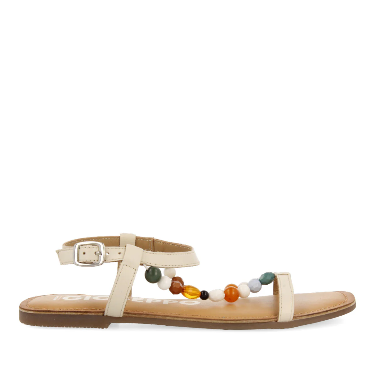 Coincy women's off-white leather sandals with decorative multicoloured beads