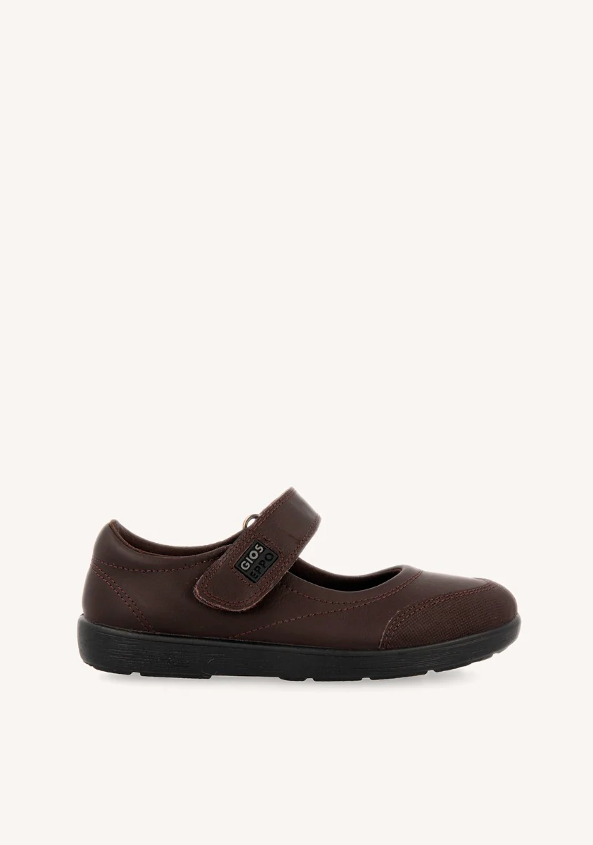 BROWN LEATHER BALLERINA-STYLE SCHOOL SHOES WITH ADJUSTABLE FASTENING LAMBDA