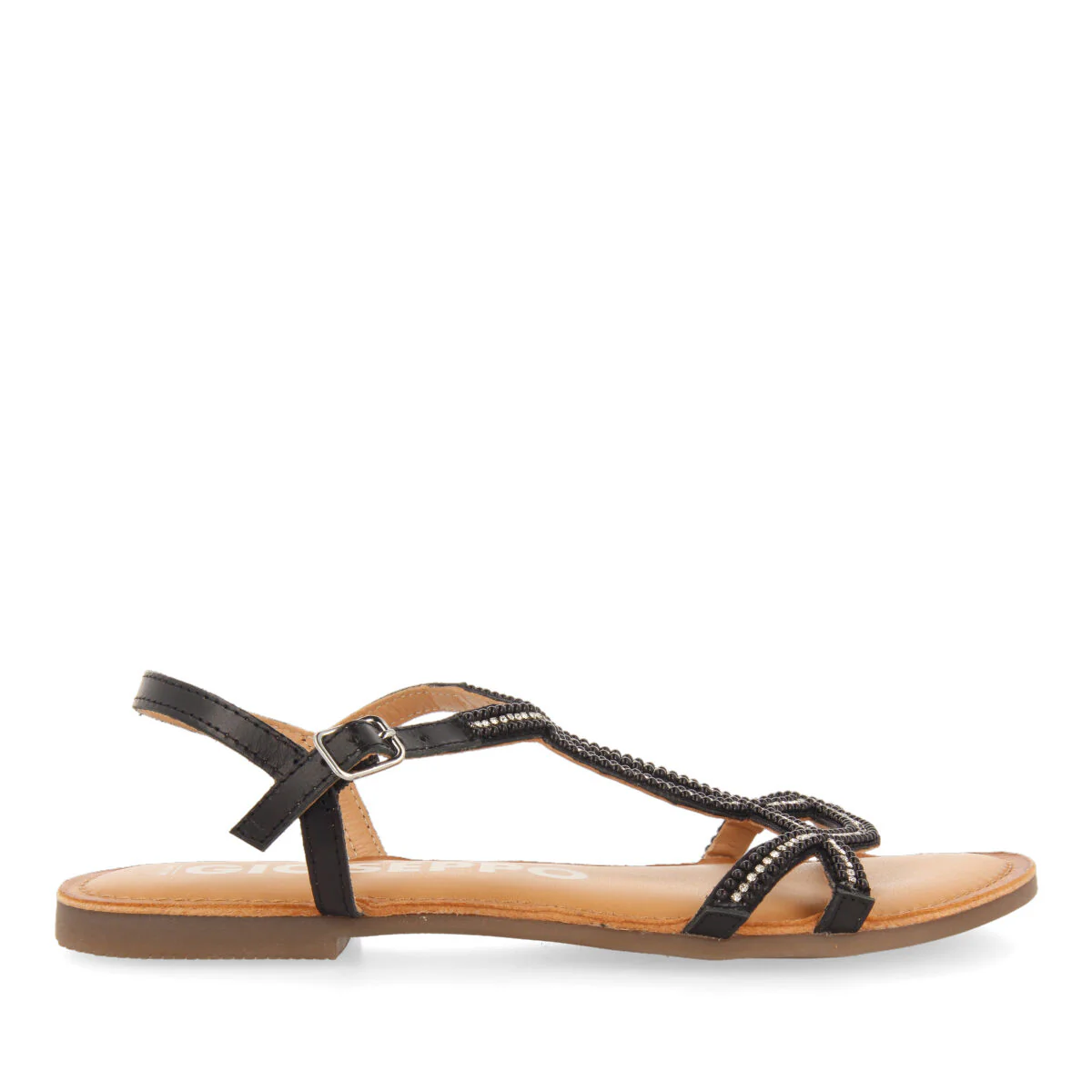 Corlier women's flat black sandals with straps and decorations