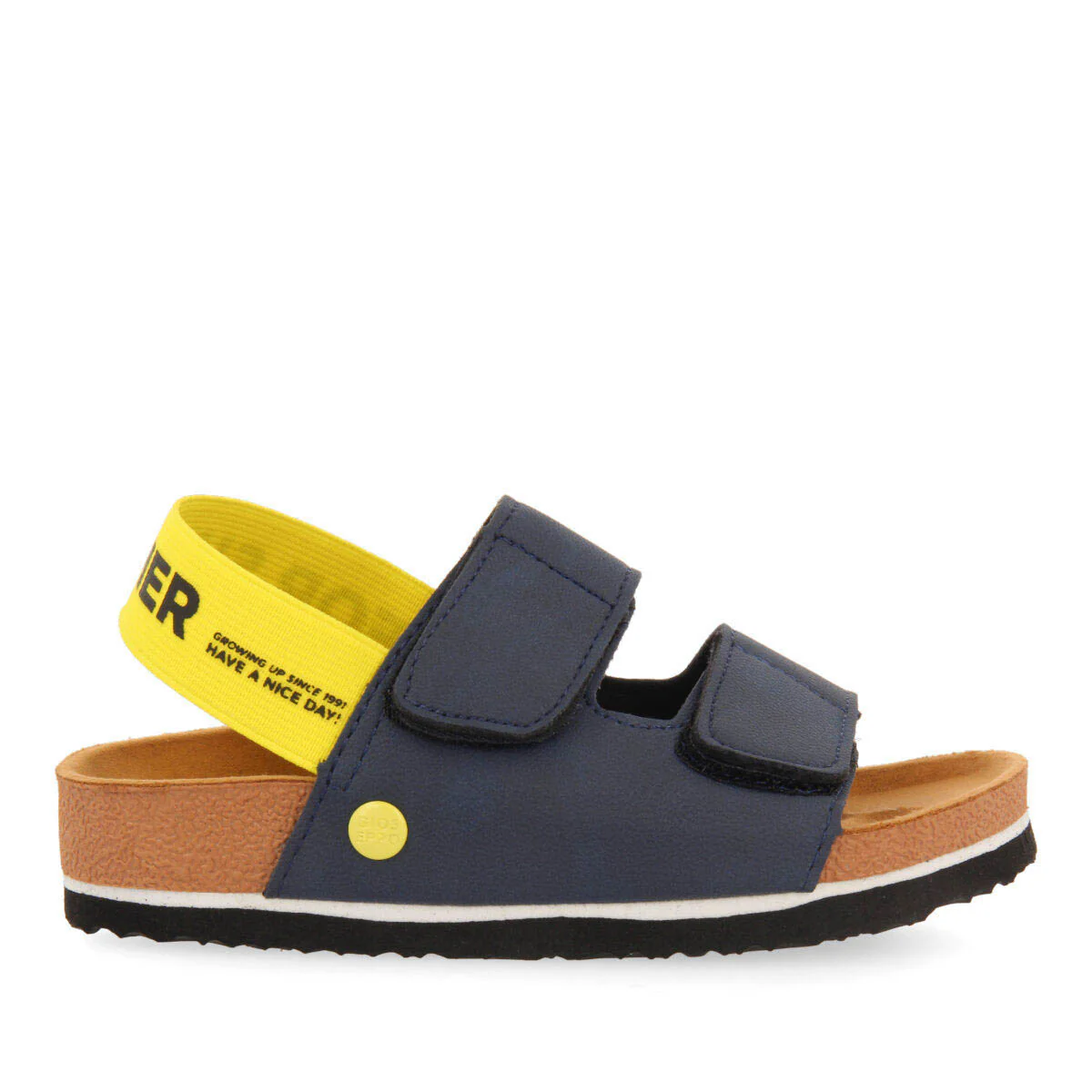 Courgis boys navy blue footbed sandals with yellow details