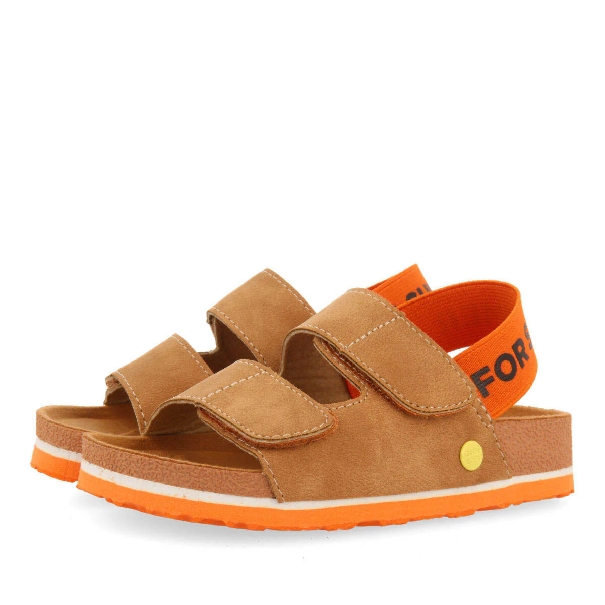 Courgis boys tan footbed sandals with orange details and text - Image 3