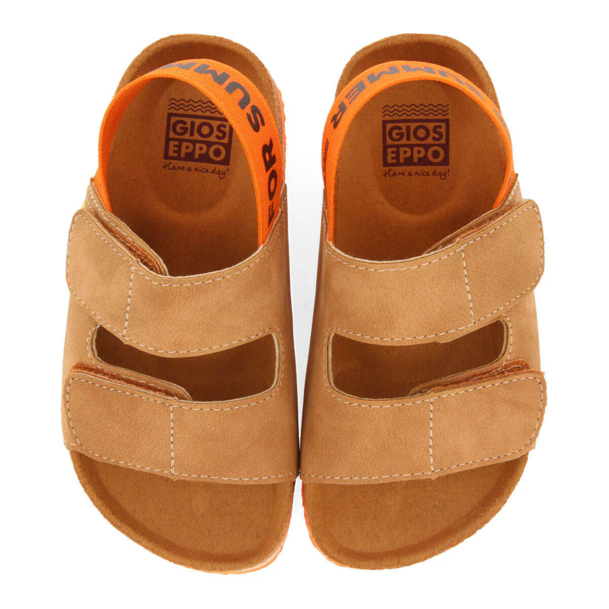 Courgis boys tan footbed sandals with orange details and text - Image 4