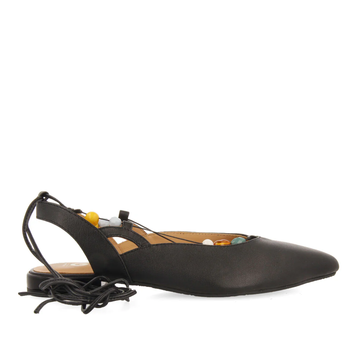 Coussey women's black leather slingback ballet flats with laces with multicoloured stones