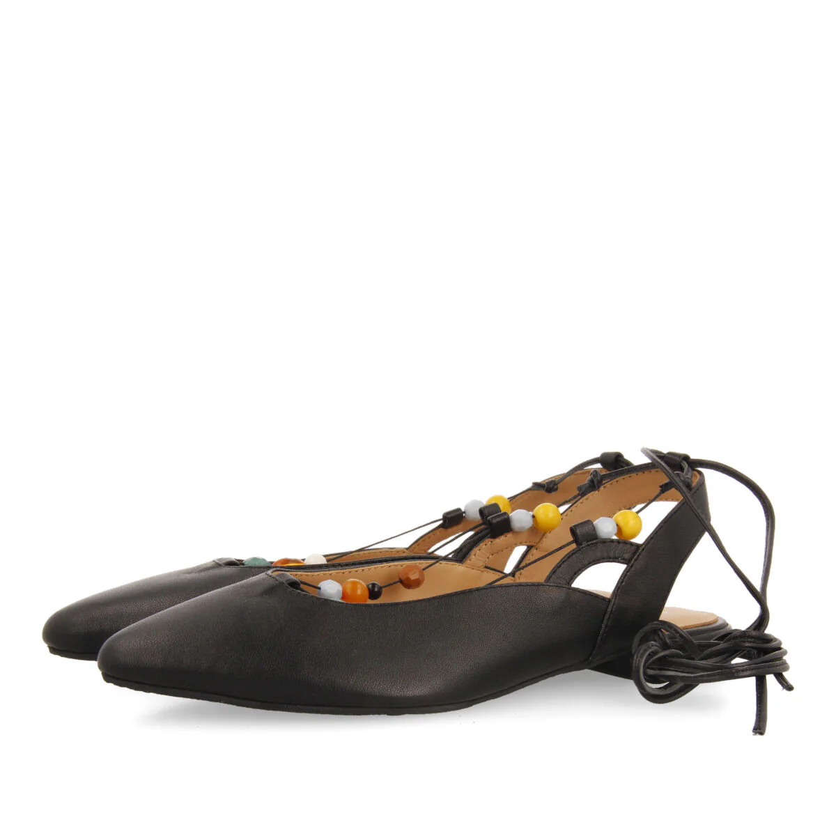 Coussey women's black leather slingback ballet flats with laces with multicoloured stones - Image 2