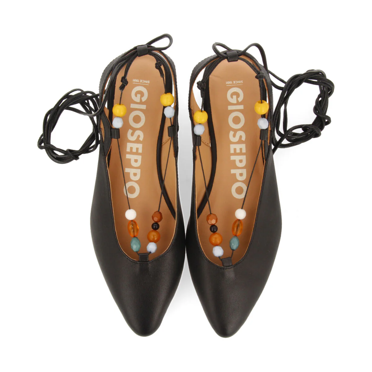 Coussey women's black leather slingback ballet flats with laces with multicoloured stones - Image 3