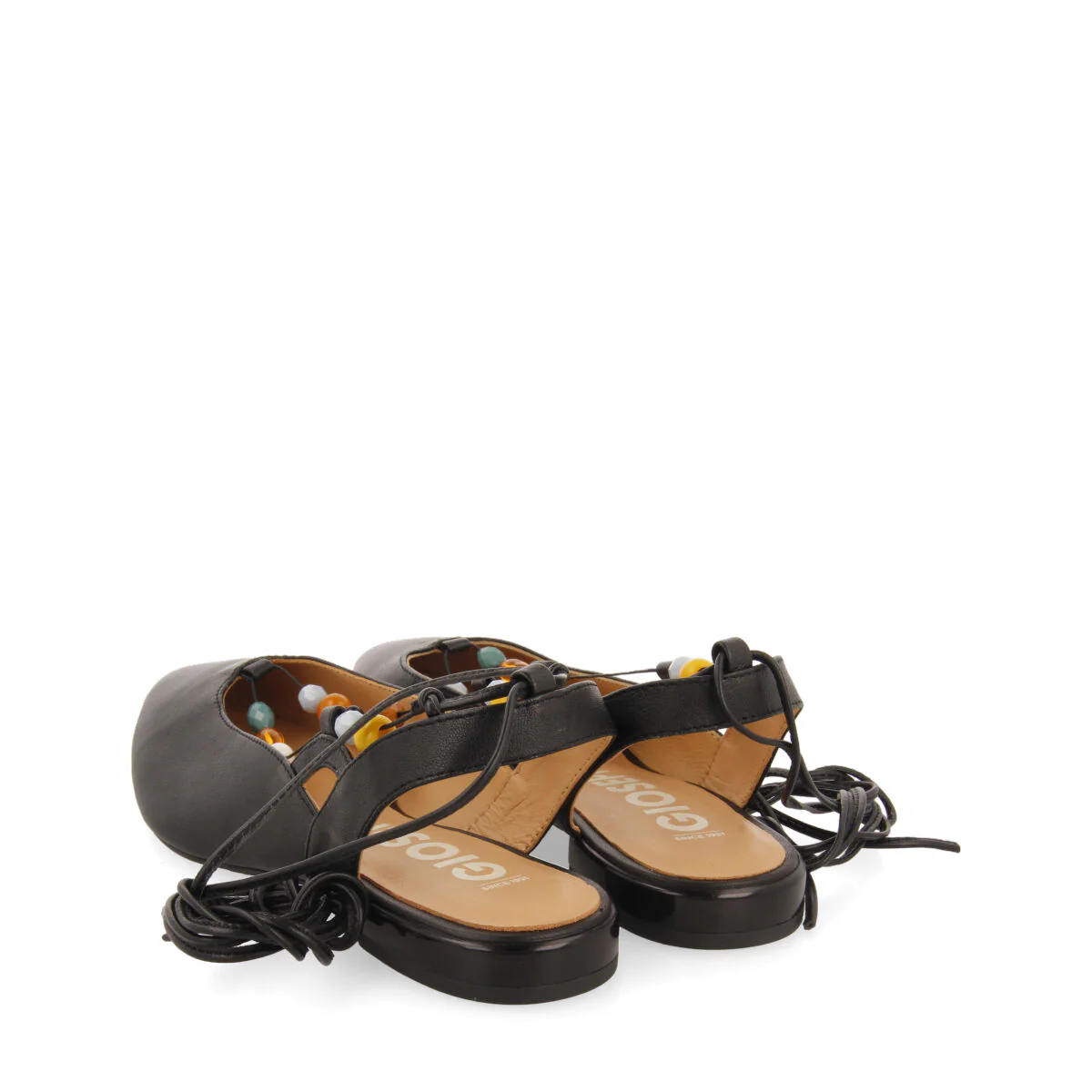 Coussey women's black leather slingback ballet flats with laces with multicoloured stones - Image 4