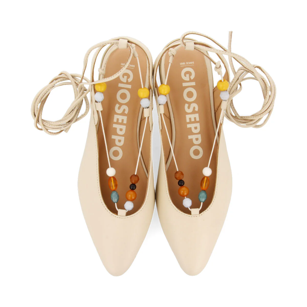 Coussey women's black leather slingback ballet flats with laces with multicoloured stones - Image 3