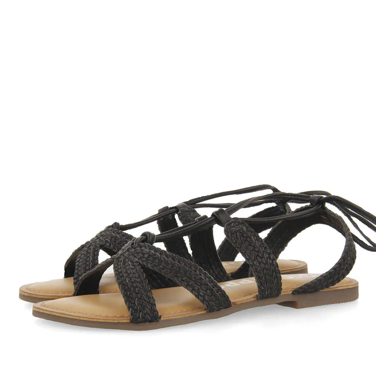 Darney women's flat black braided leather sandals with laces - Image 2