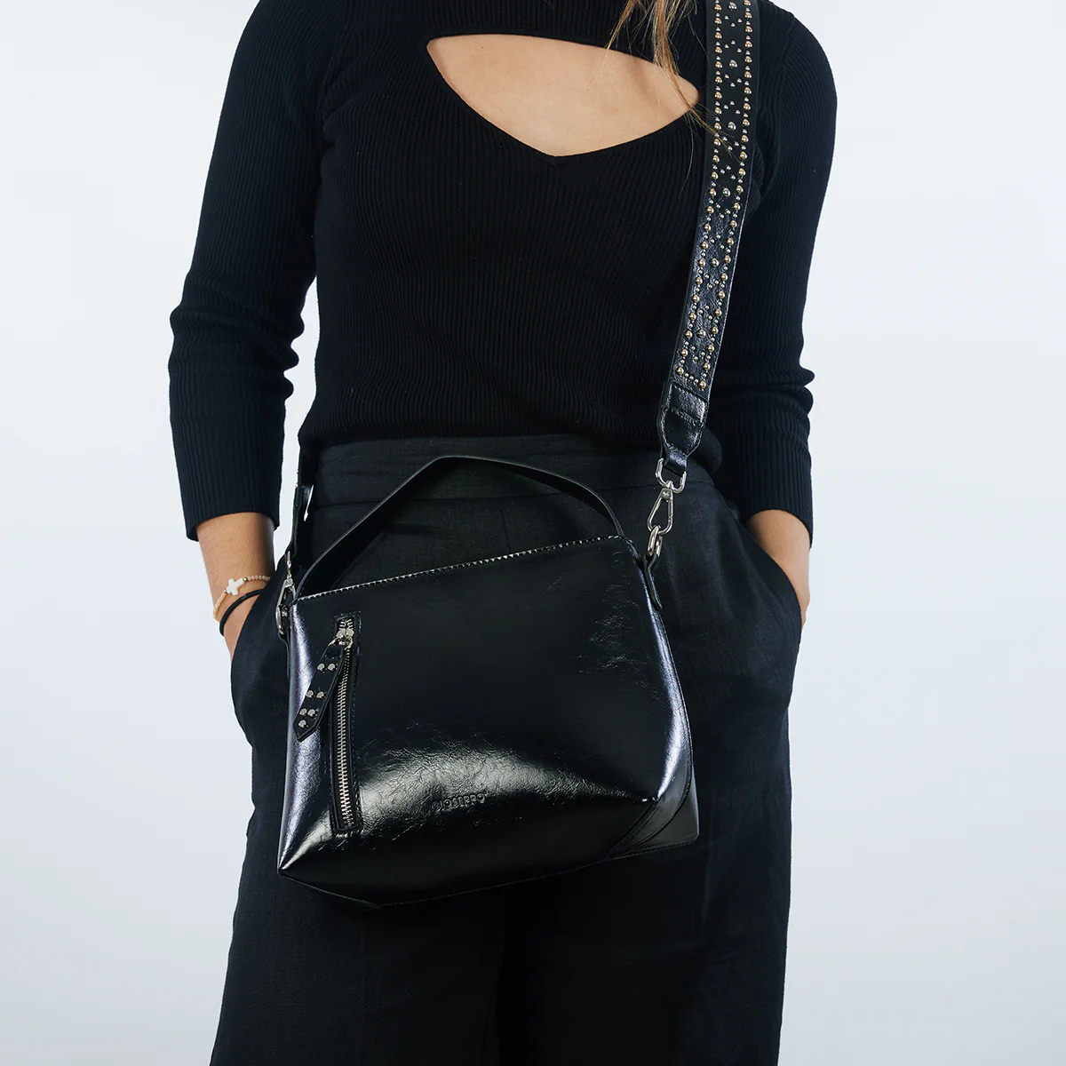 Eberau black shopper bag with studded strap - Image 2