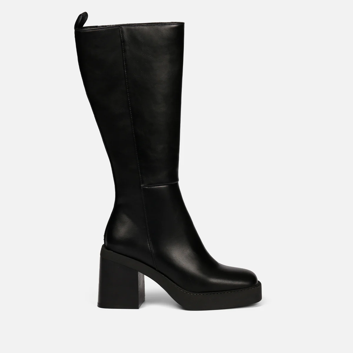 Goeblange women's straight black knee-high boots with square toes, a thick platform and wide heels