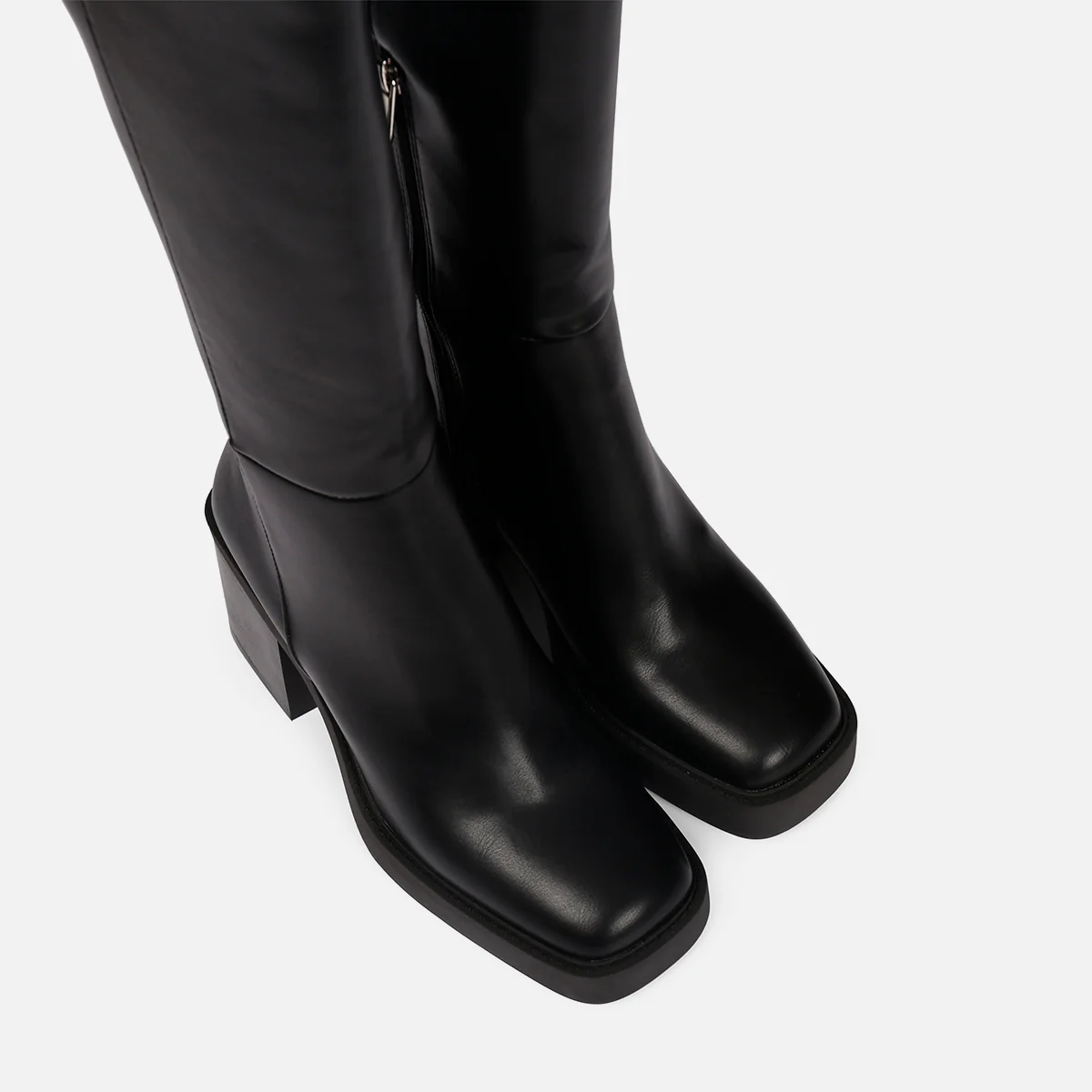 Goeblange women's straight black knee-high boots with square toes, a thick platform and wide heels - Image 6
