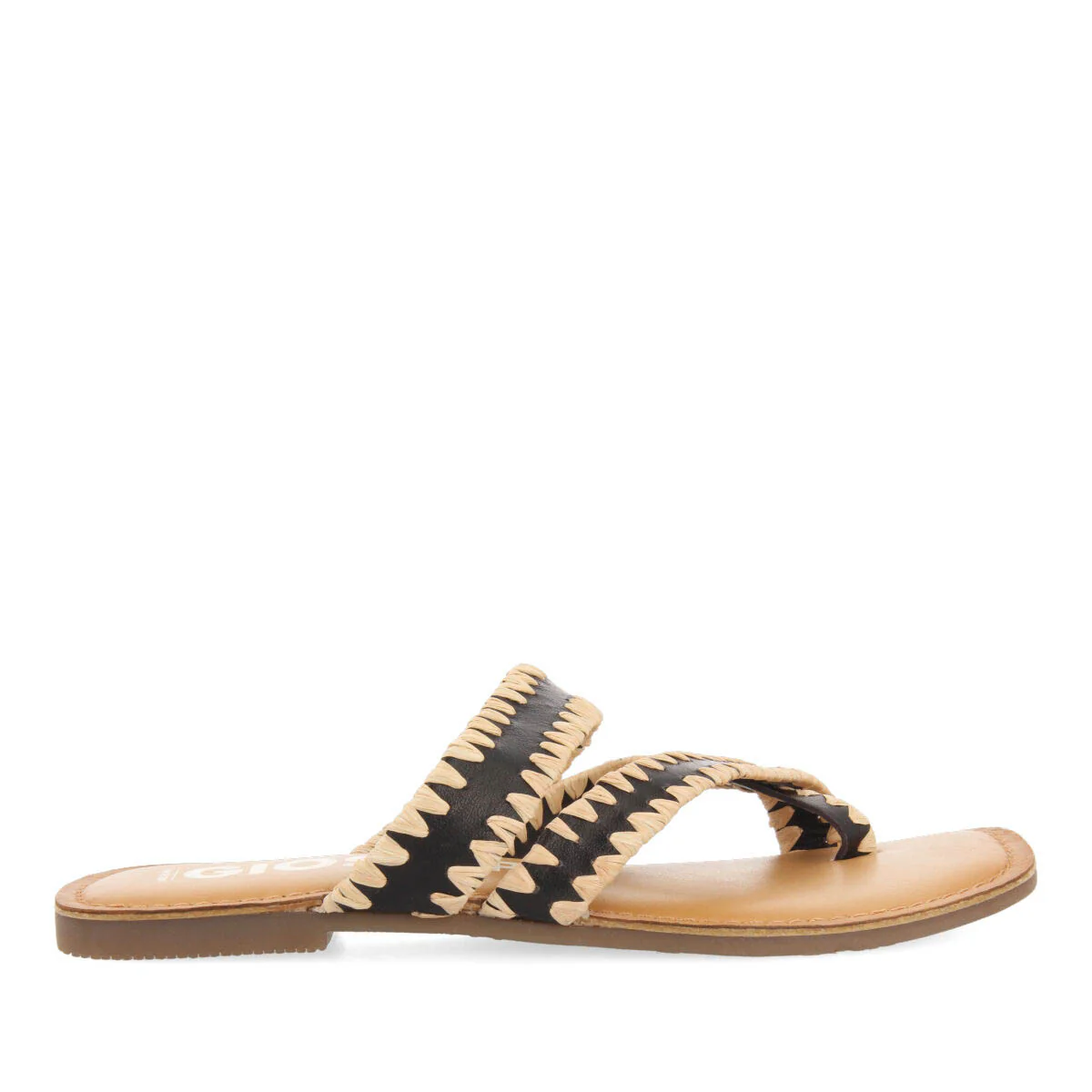 Goias women's black leather sandals with decorative raffia stitching