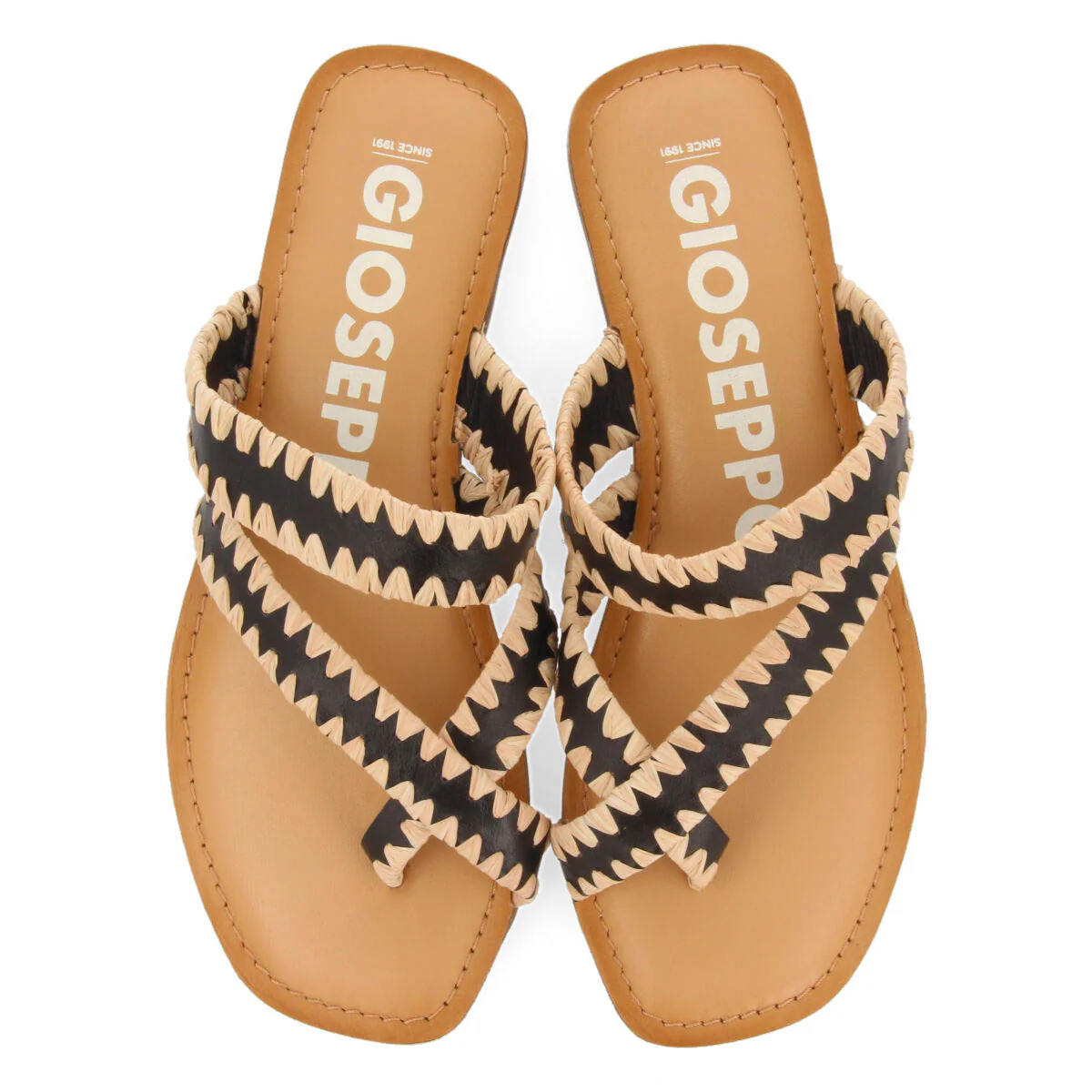 Goias women's black leather sandals with decorative raffia stitching - Image 3