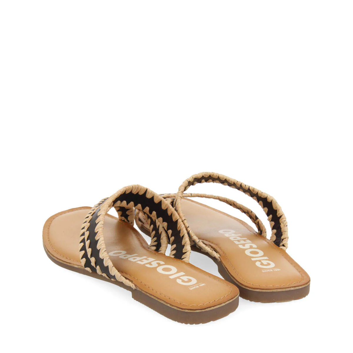 Goias women's black leather sandals with decorative raffia stitching - Image 4