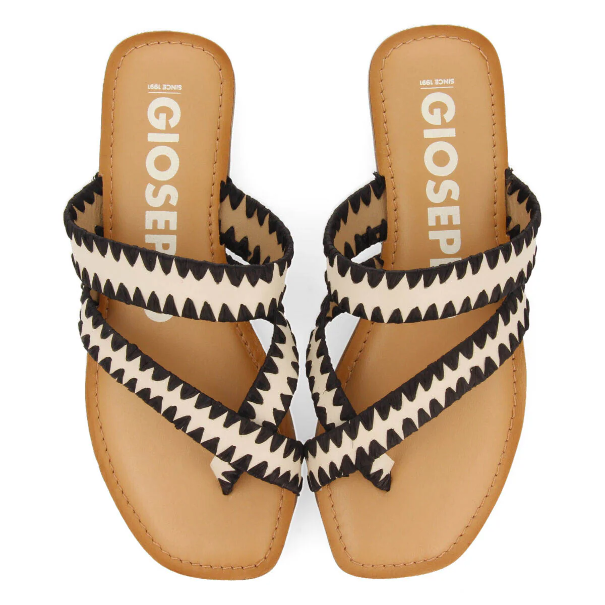 Goias women's off-white leather sandals with decorative raffia stitching - Image 3