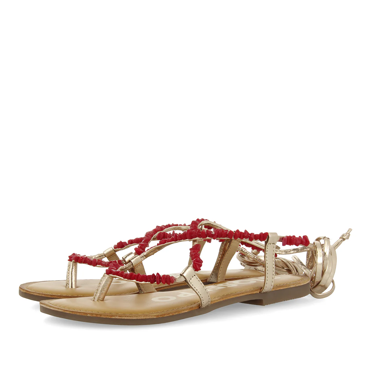 GOLD-COLOURED LEATHER SANDALS WITH RED TRIMS FOR WOMEN LISIEUX - Image 2