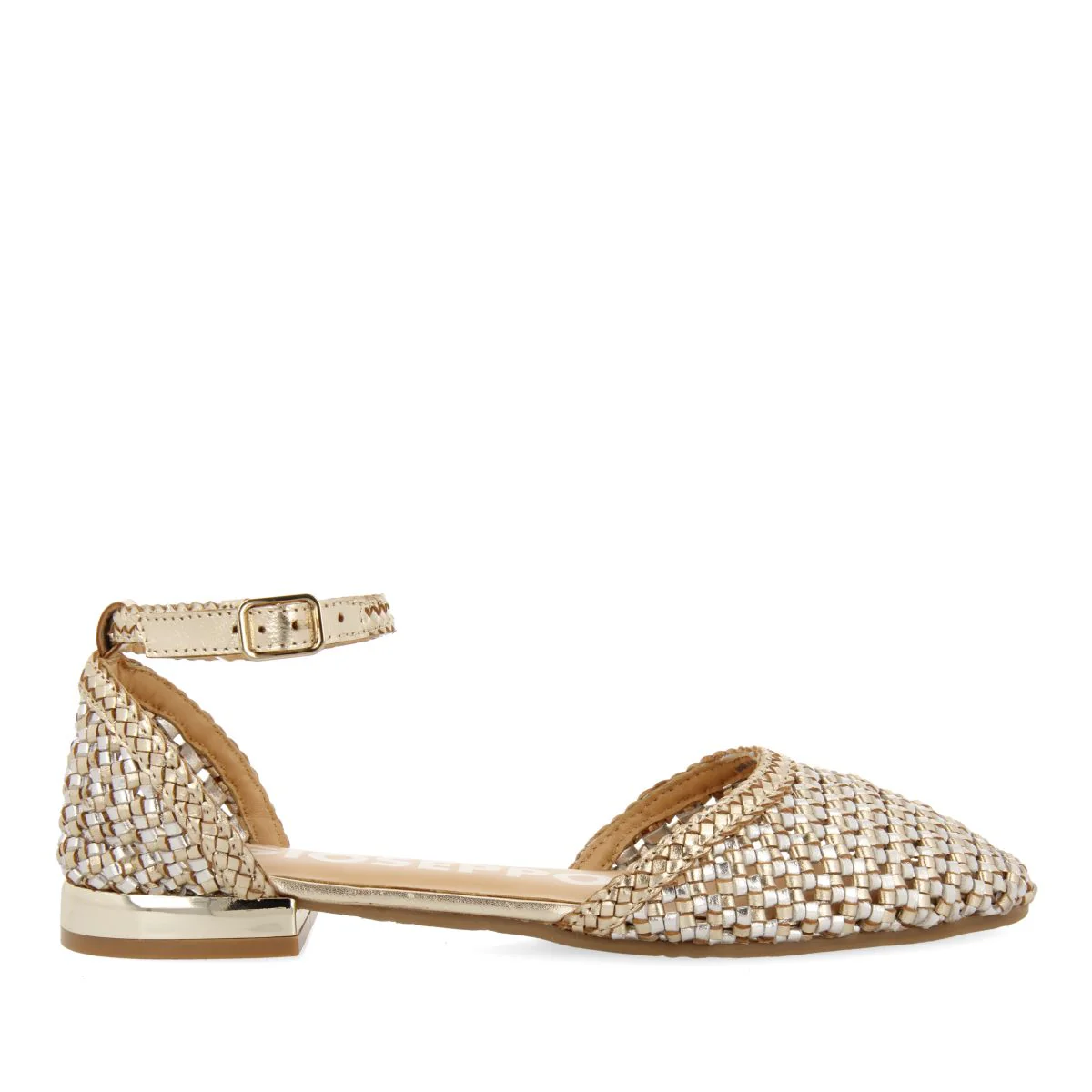 GOLDEN BRAIDED LEATHER BALLERINAS WITH BRACELET CLOSURE FOR WOMEN KONISPOL
