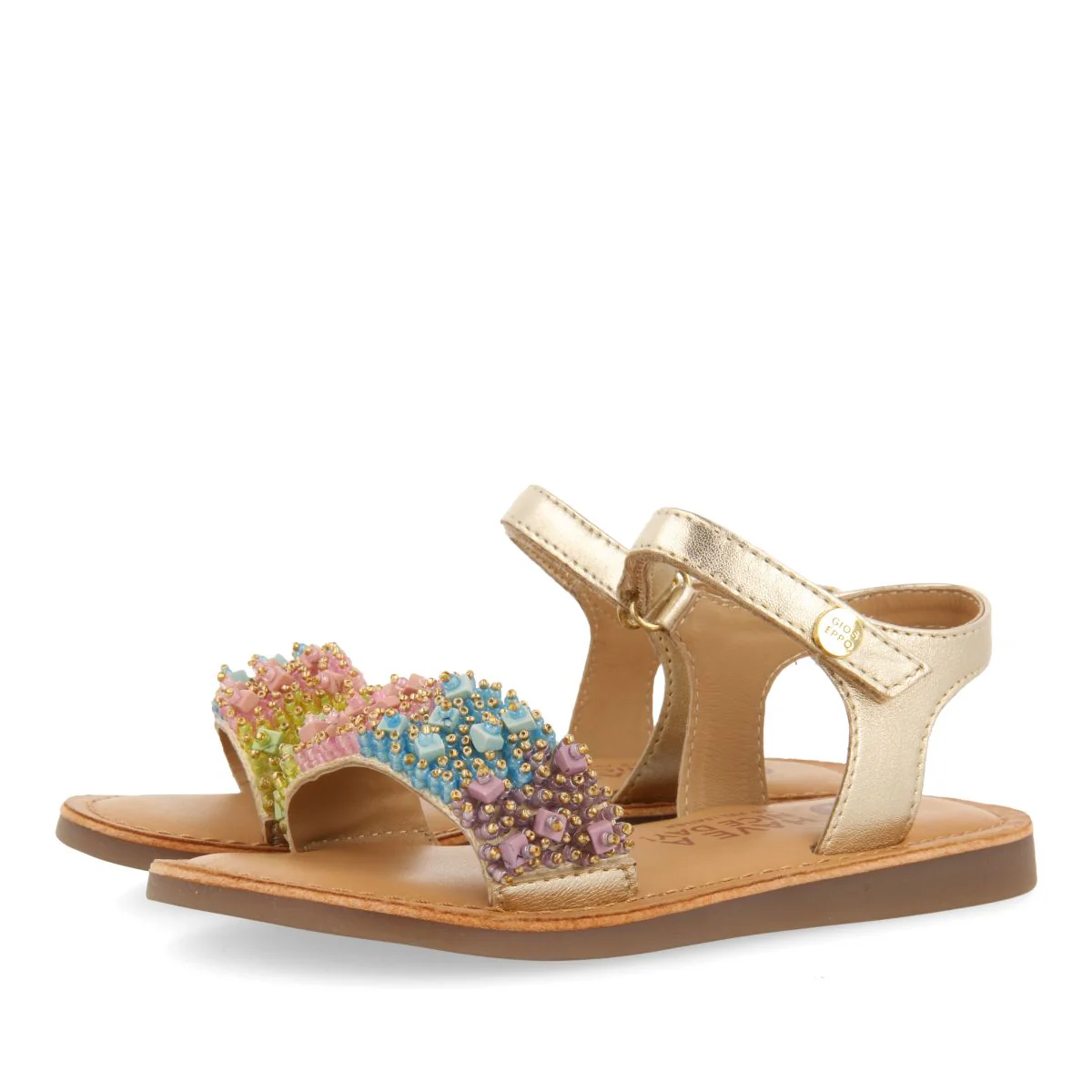 GOLDEN LEATHER SANDALS WITH MULTICOLOR BEAD EMBELLISHMENTS FOR GIRL AND BOY BLESLE - Image 2