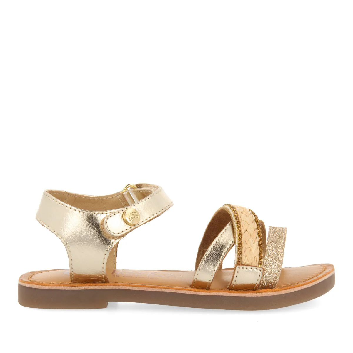 GOLDEN LEATHER SANDALS WITH RAFFIA BRAIDING, GLITTER, AND METALLIC ACCENTS FOR GIRL AND BOY SILETZ