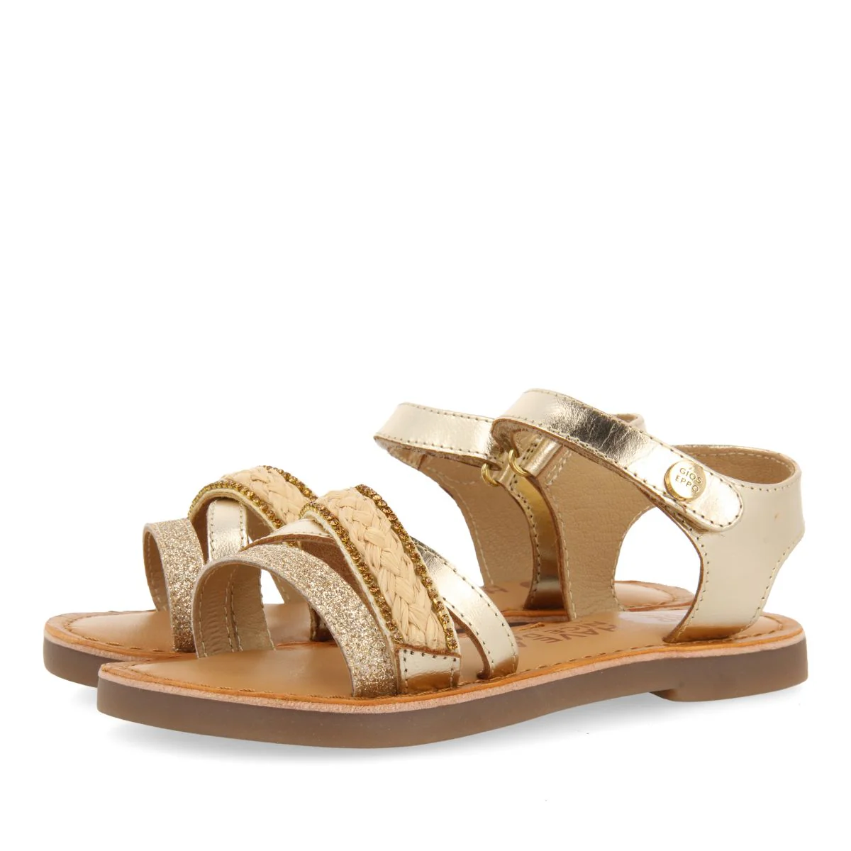 GOLDEN LEATHER SANDALS WITH RAFFIA BRAIDING, GLITTER, AND METALLIC ACCENTS FOR GIRL AND BOY SILETZ - Image 2